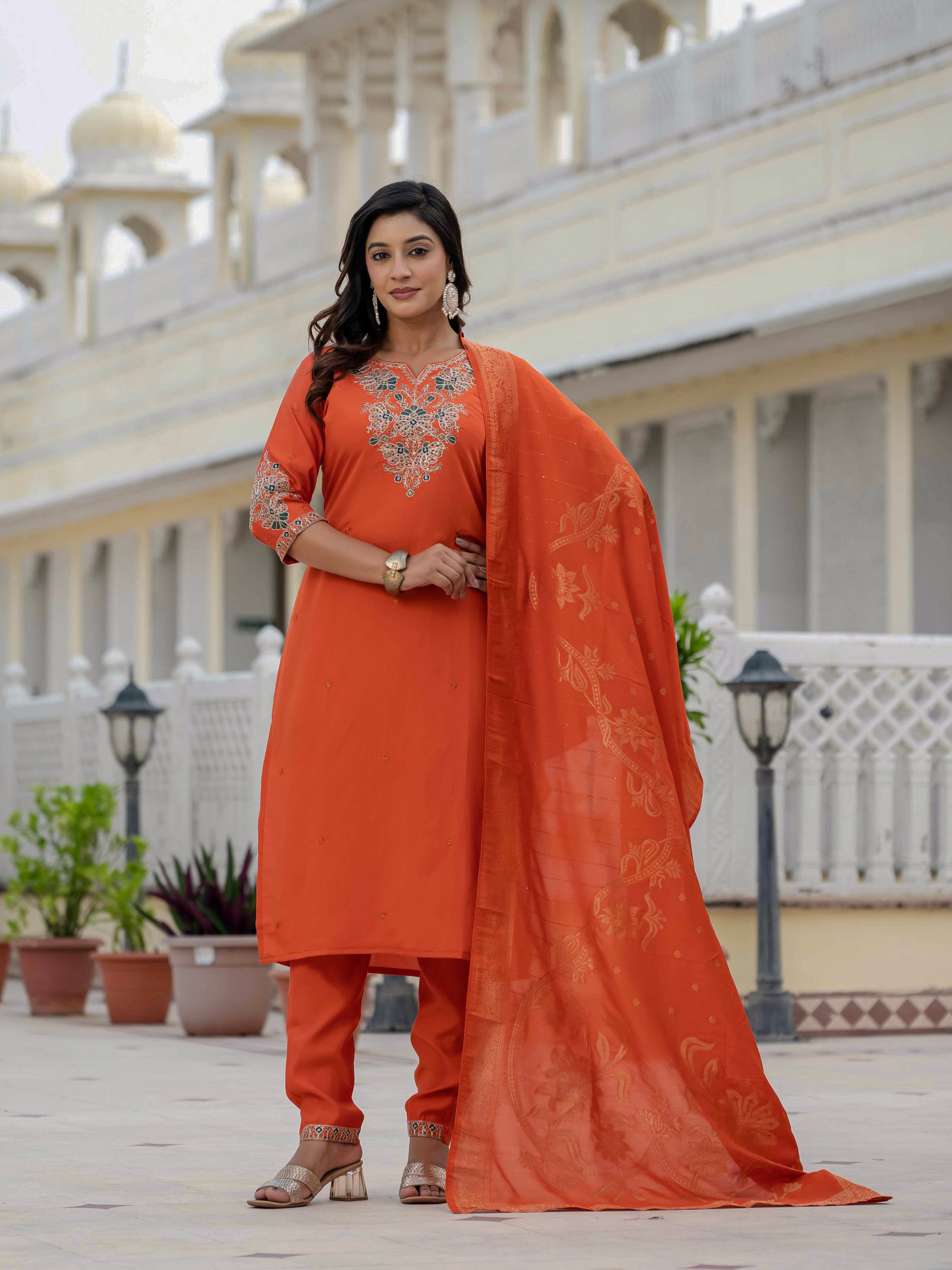 Women’s Orange Roman Silk Party Wear Suit Set
