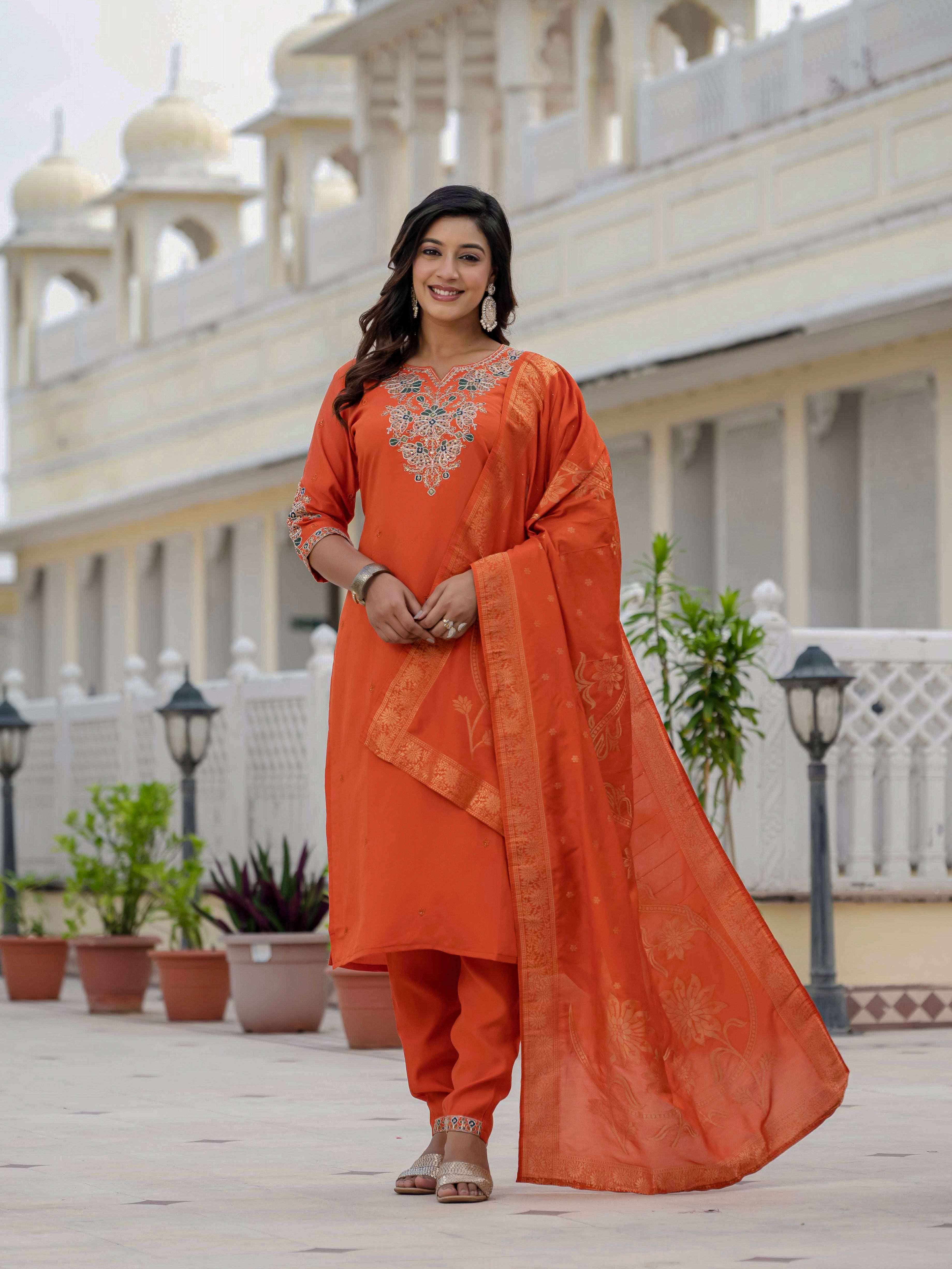 Women’s Orange Roman Silk Party Wear Suit Set