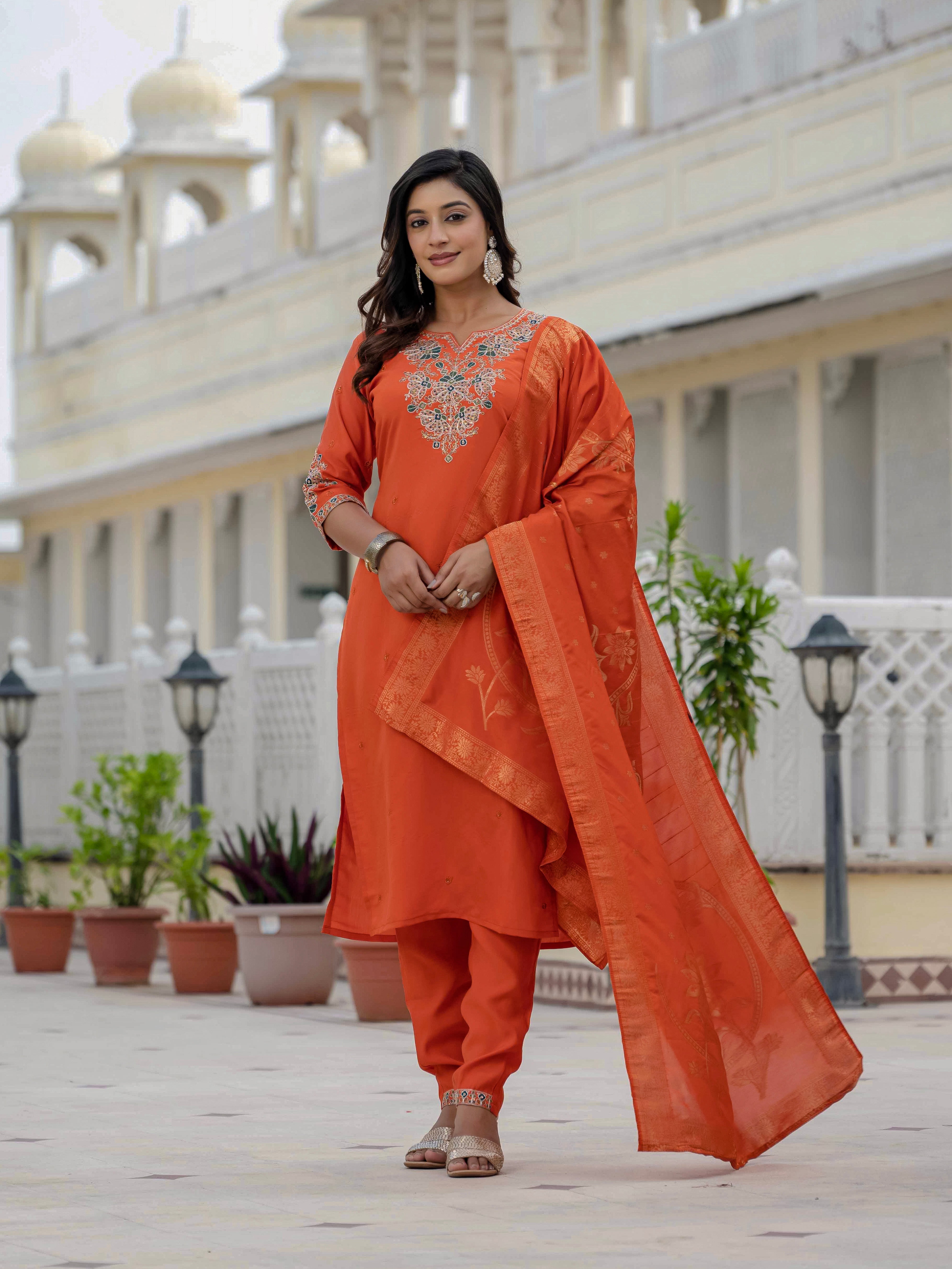 Women’s Orange Roman Silk Party Wear Suit Set