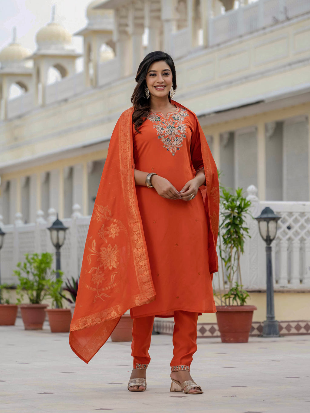Women’s Orange Roman Silk Party Wear Suit Set