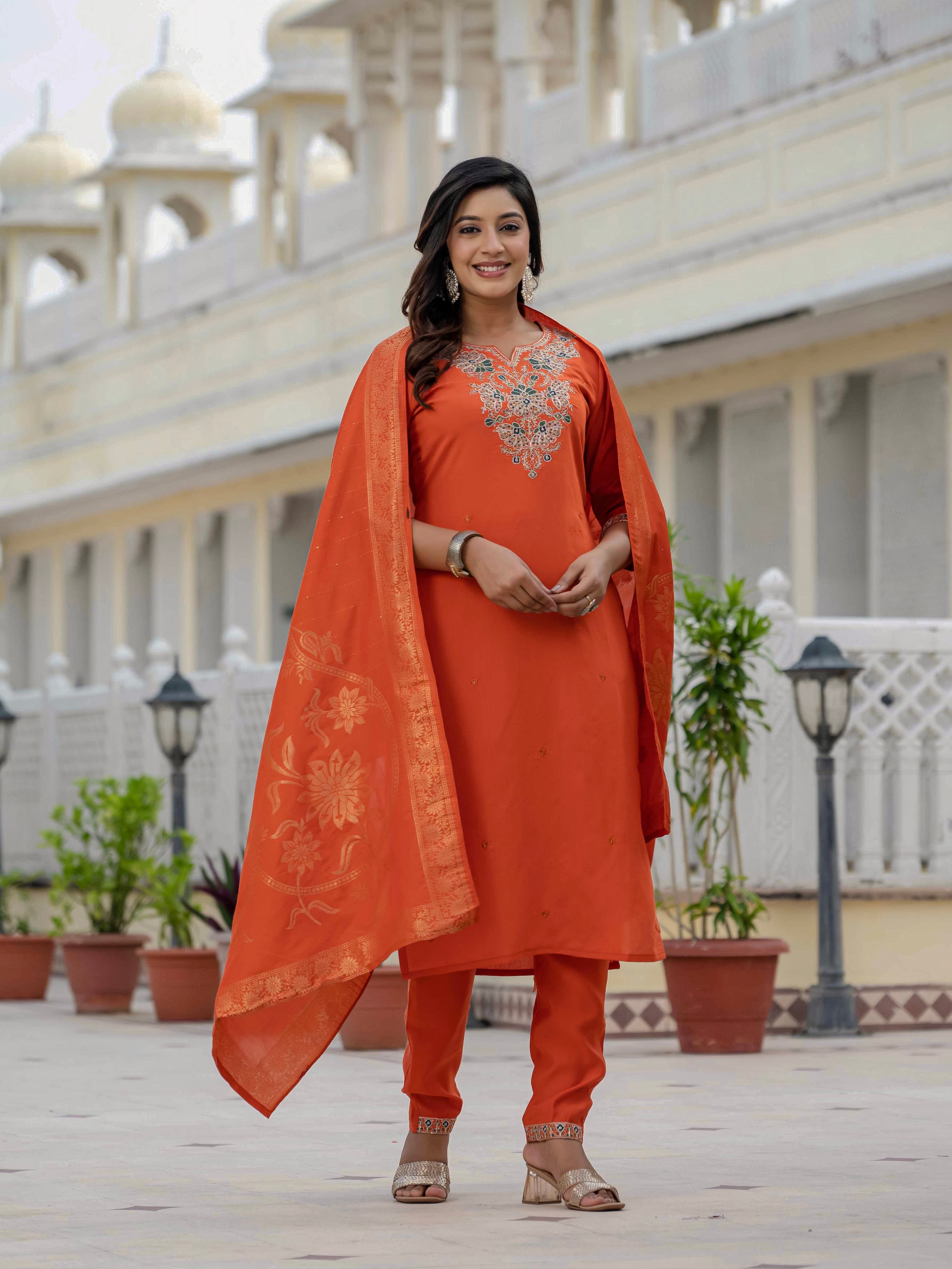 Women’s Orange Roman Silk Party Wear Suit Set