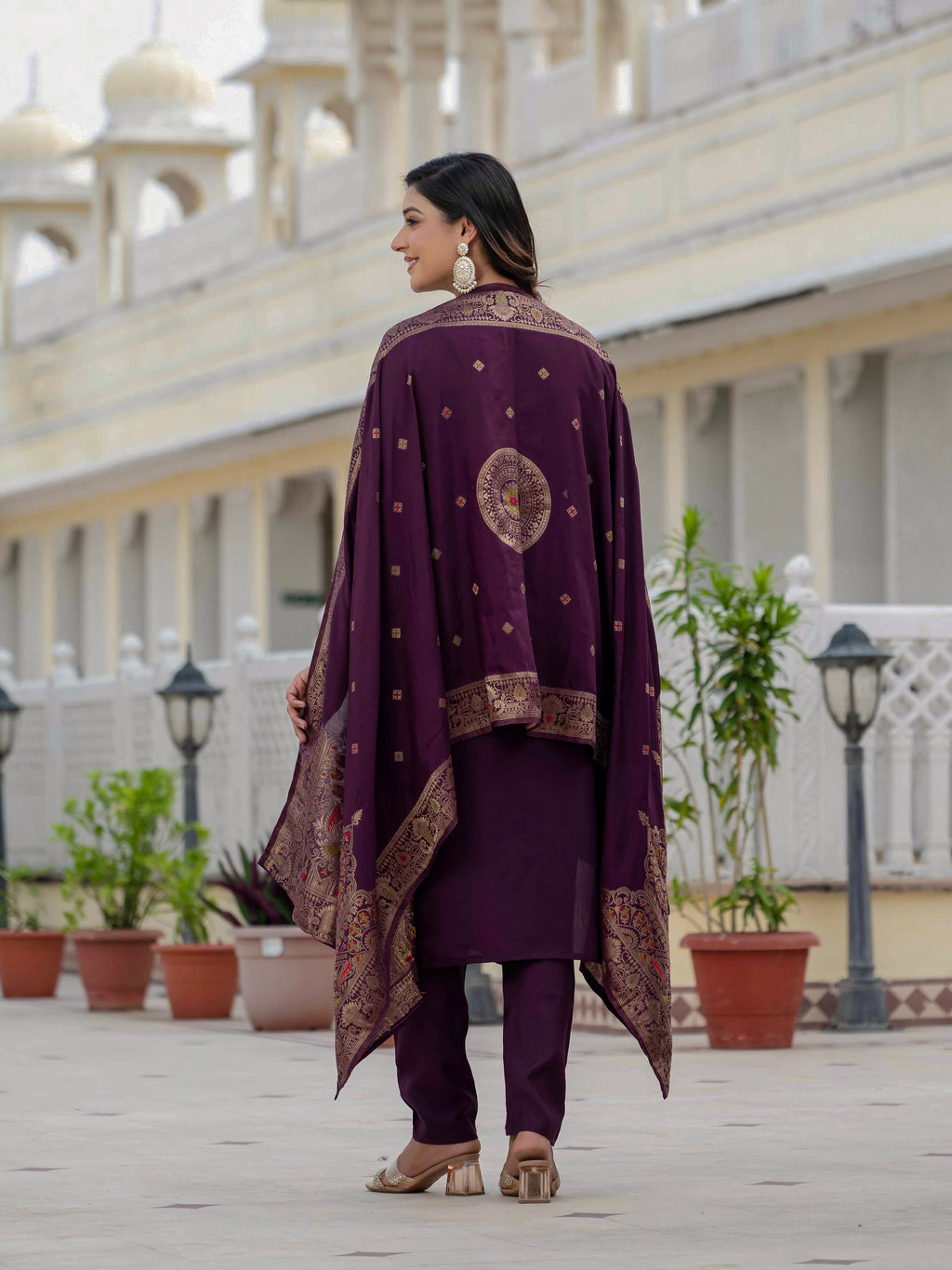 Very Beautiful Wine Premium Roman Silk Suit Set