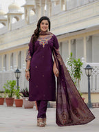 Very Beautiful Wine Premium Roman Silk Suit Set