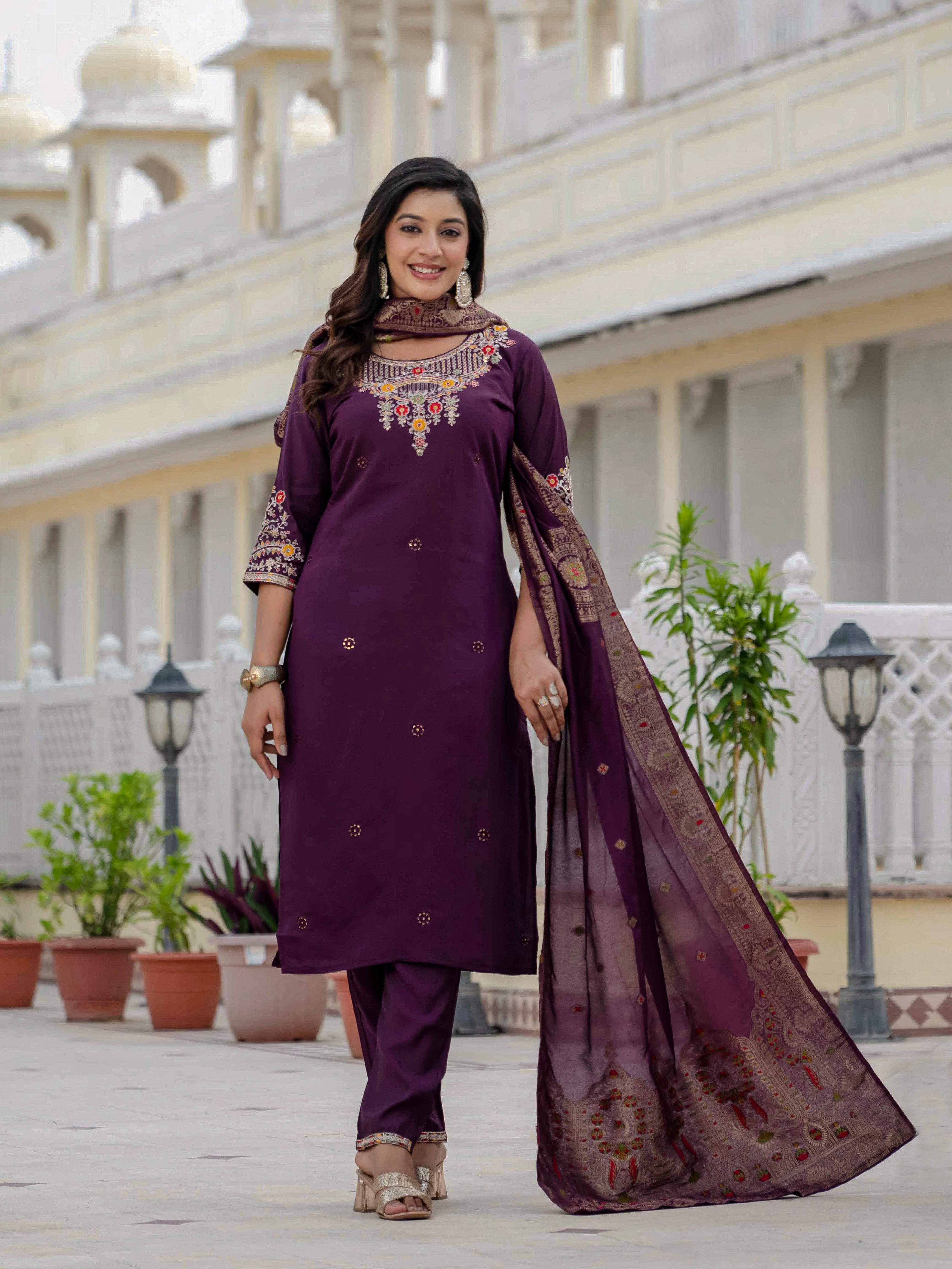 Very Beautiful Wine Premium Roman Silk Suit Set
