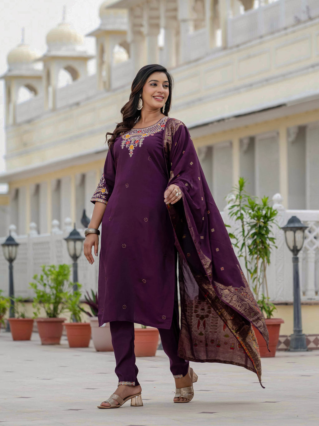 Very Beautiful Wine Premium Roman Silk Suit Set