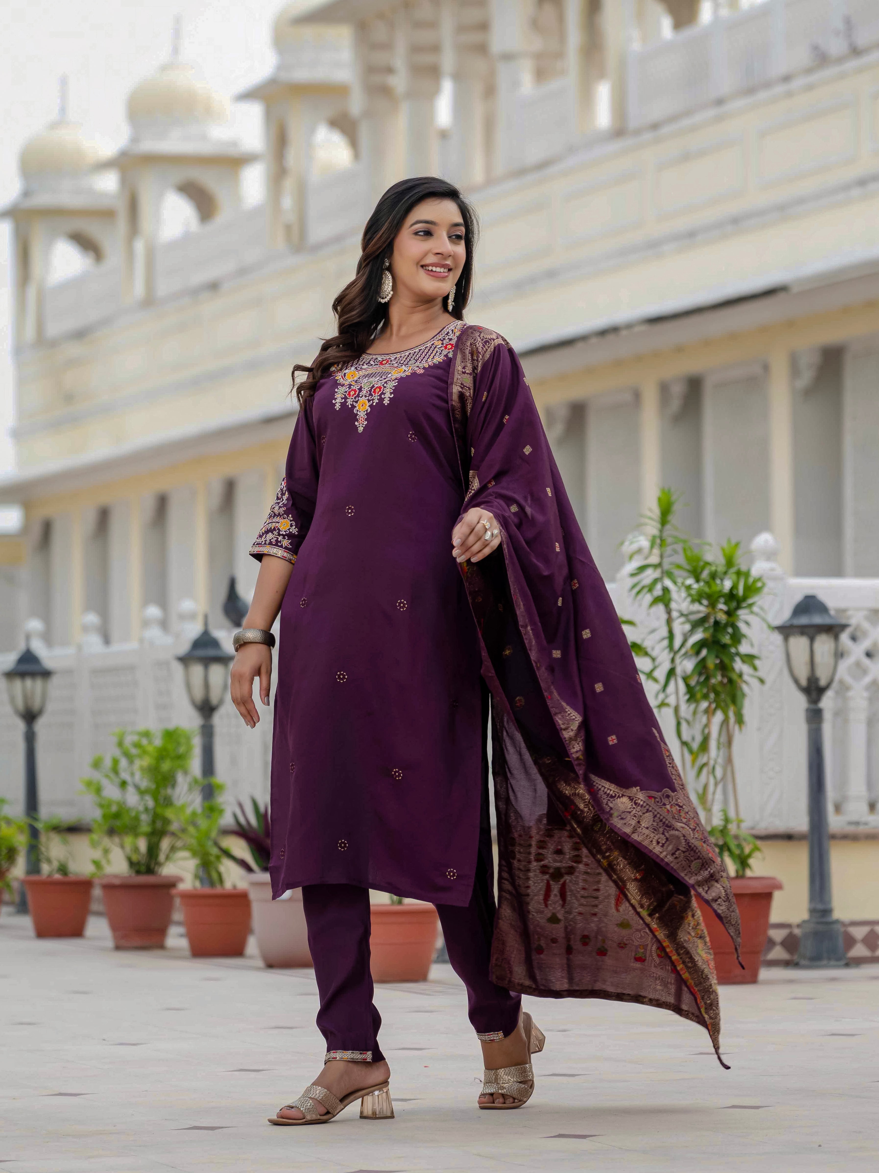 Very Beautiful Wine Premium Roman Silk Suit Set