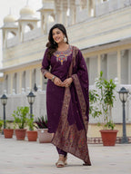 Very Beautiful Wine Premium Roman Silk Suit Set