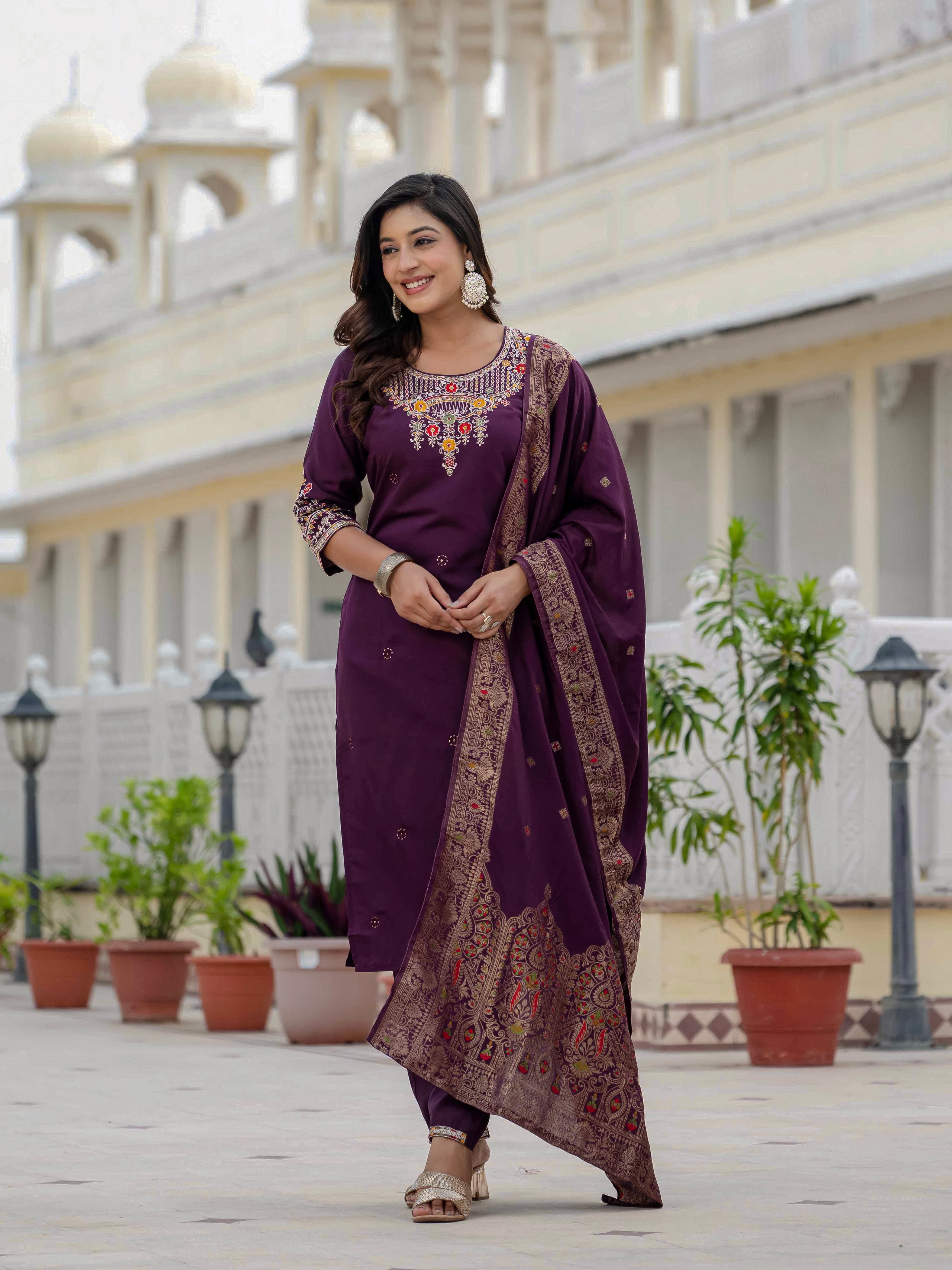 Very Beautiful Wine Premium Roman Silk Suit Set