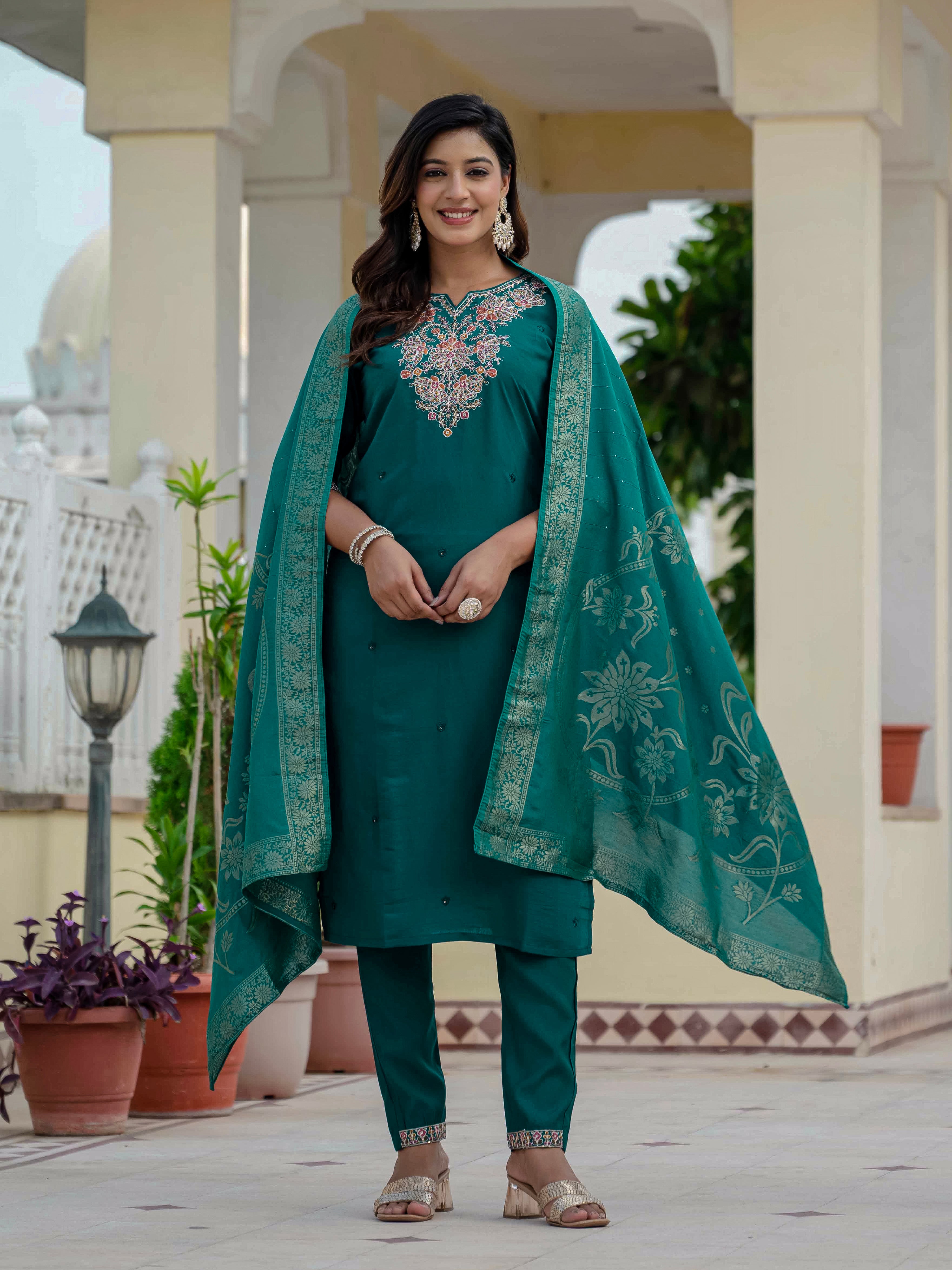 Traditional Roman Silk Embroidered Suit Set with Dupatta