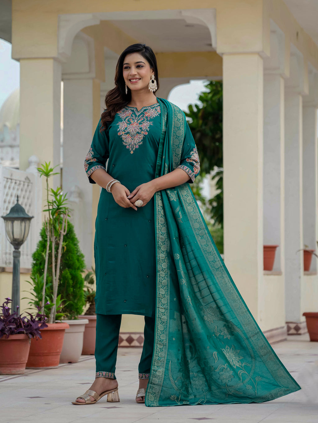 Traditional Roman Silk Embroidered Suit Set with Dupatta