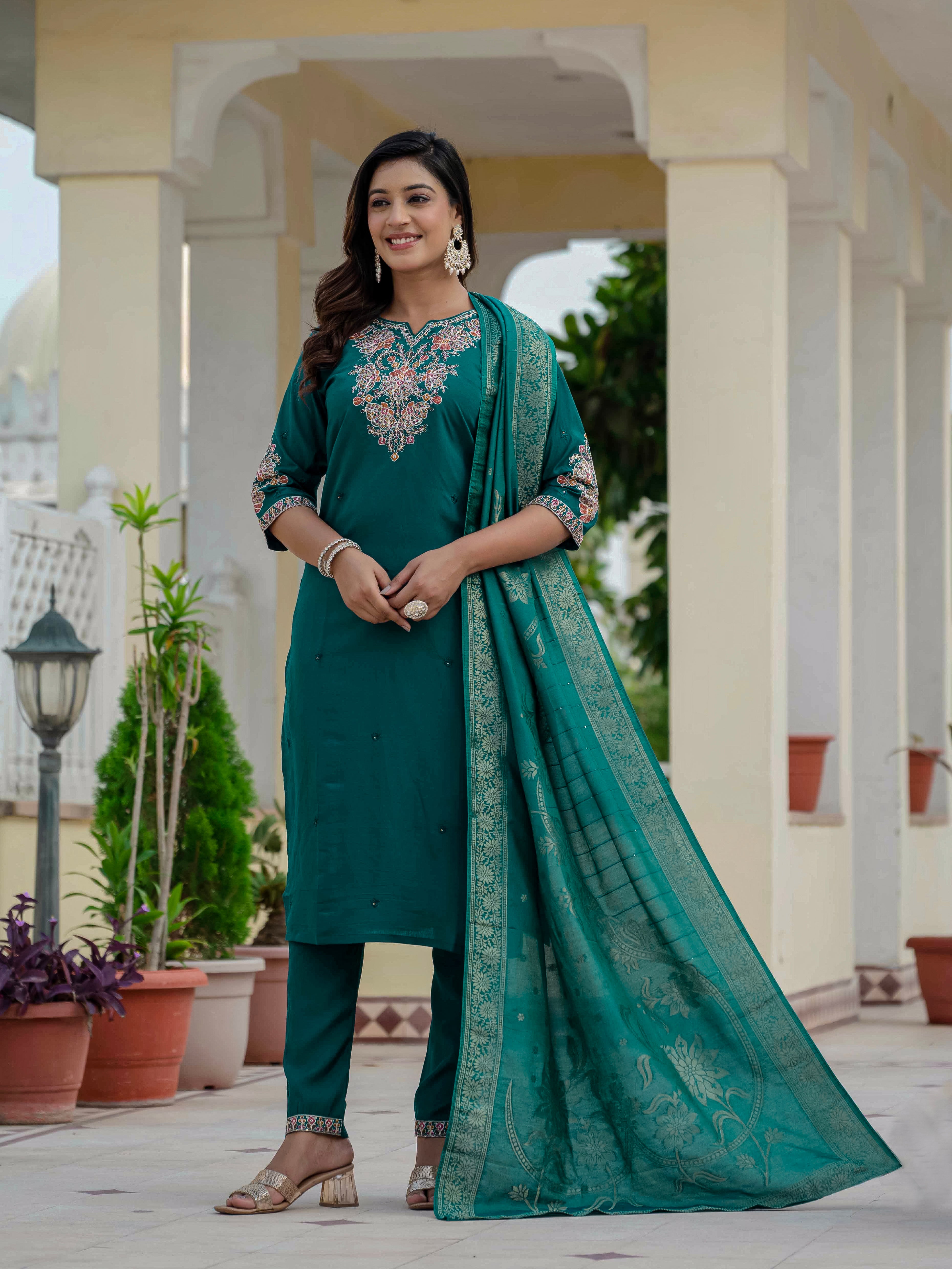 Traditional Roman Silk Embroidered Suit Set with Dupatta