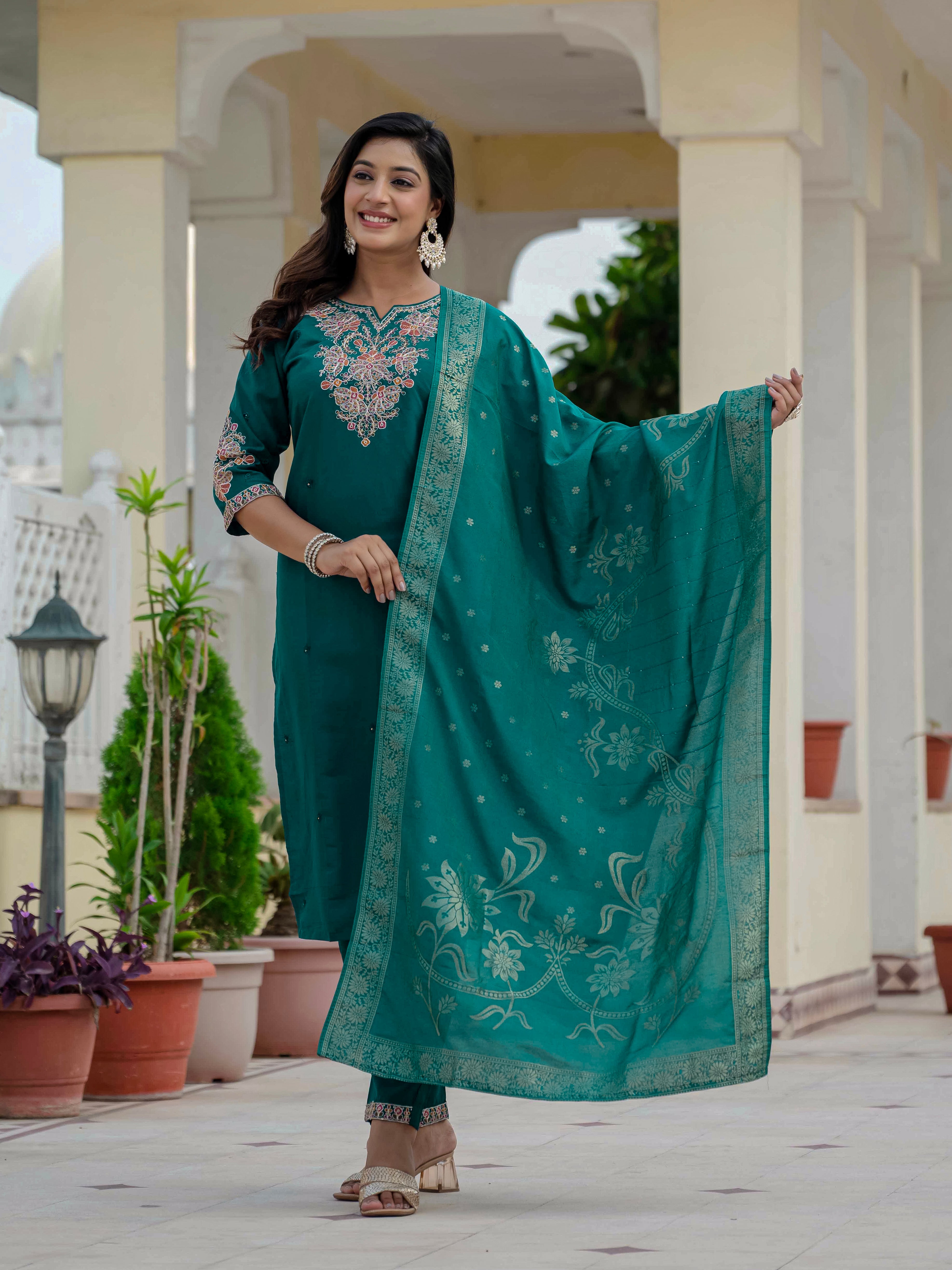 Traditional Roman Silk Embroidered Suit Set with Dupatta