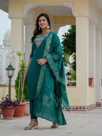 Traditional Roman Silk Embroidered Suit Set with Dupatta