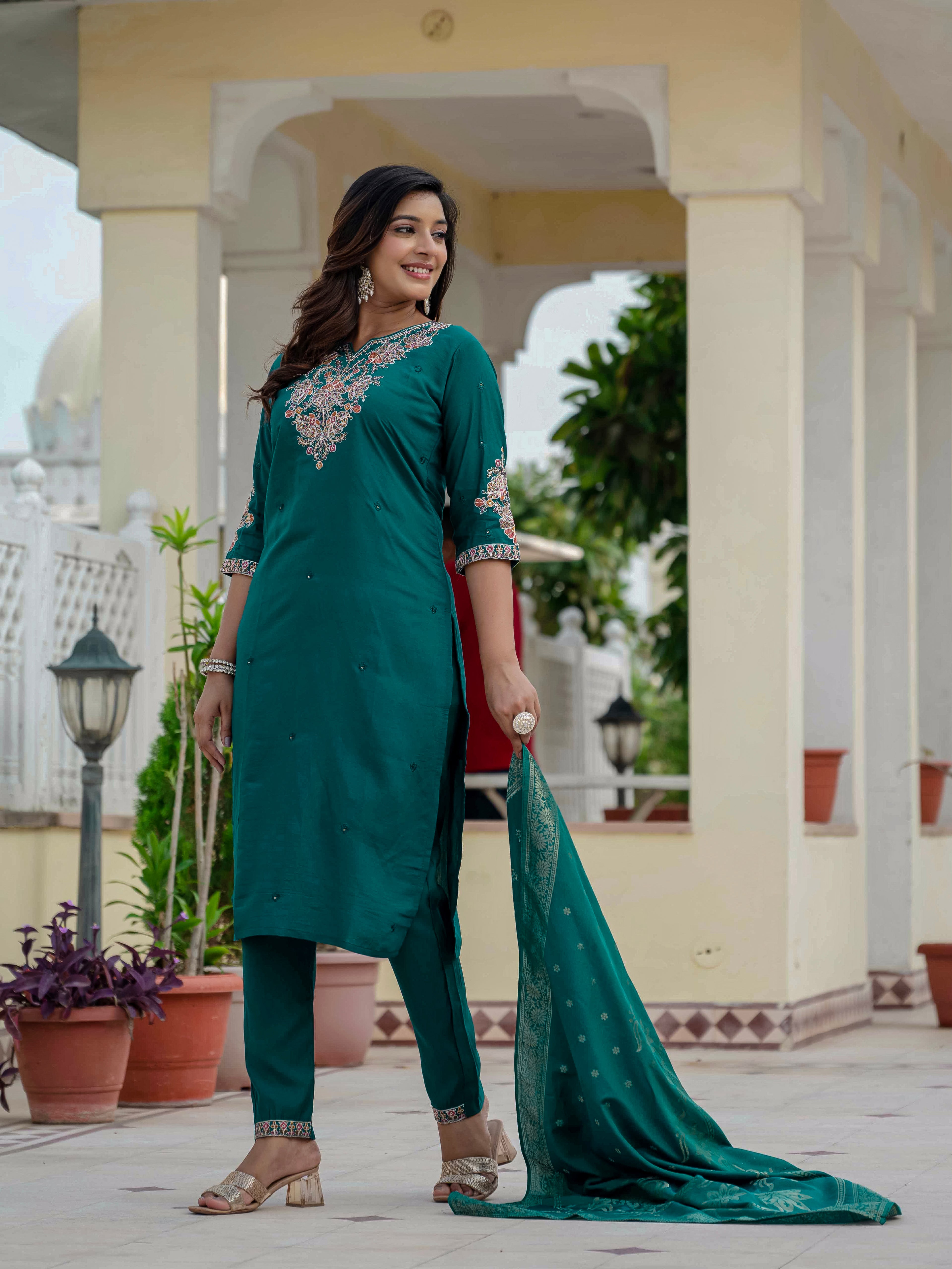 Traditional Roman Silk Embroidered Suit Set with Dupatta