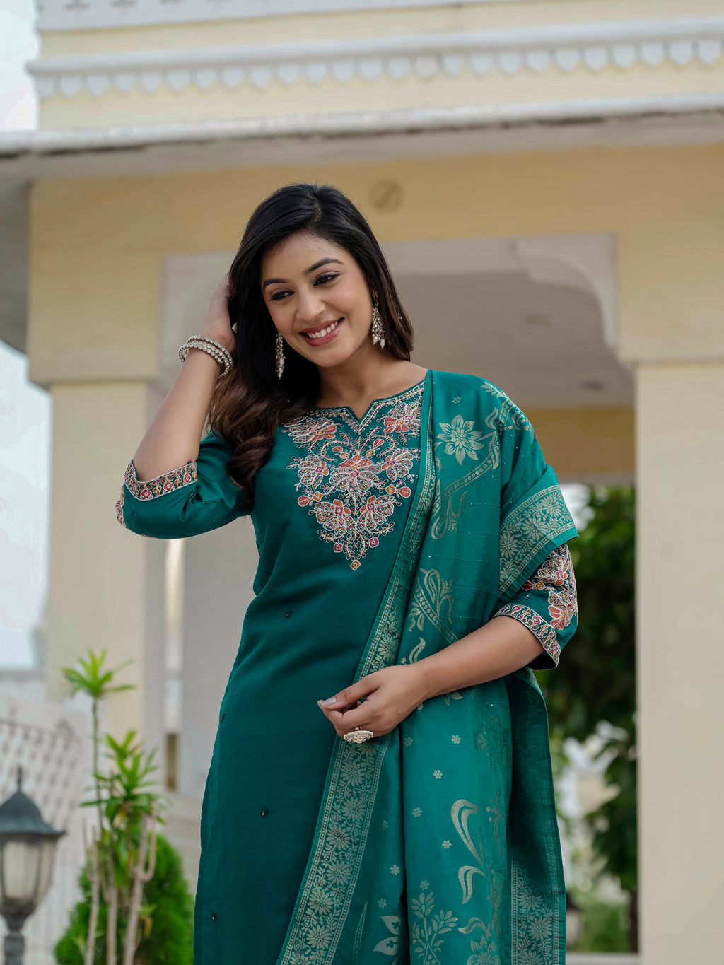 Traditional Roman Silk Embroidered Suit Set with Dupatta