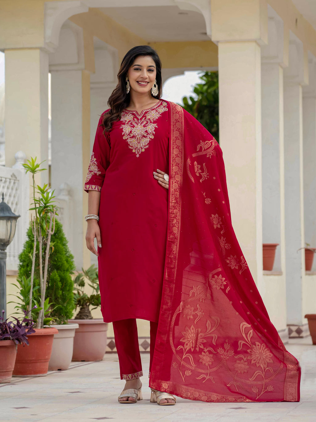 Luxury Roman Silk Embroidered Ethnic Suit Set