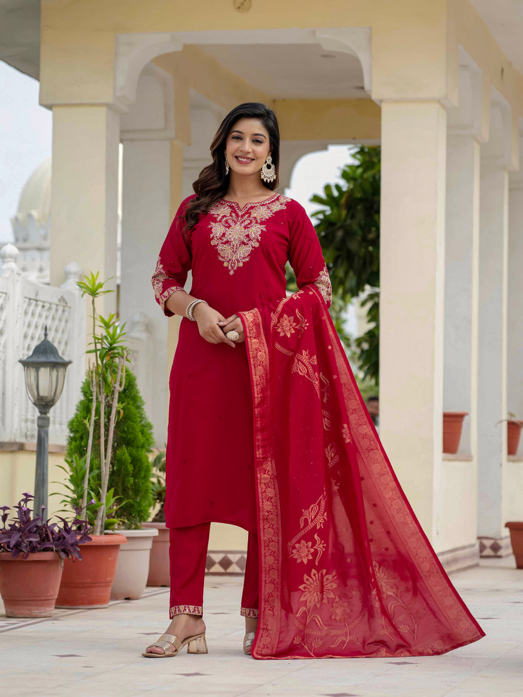 Luxury Roman Silk Embroidered Ethnic Suit Set