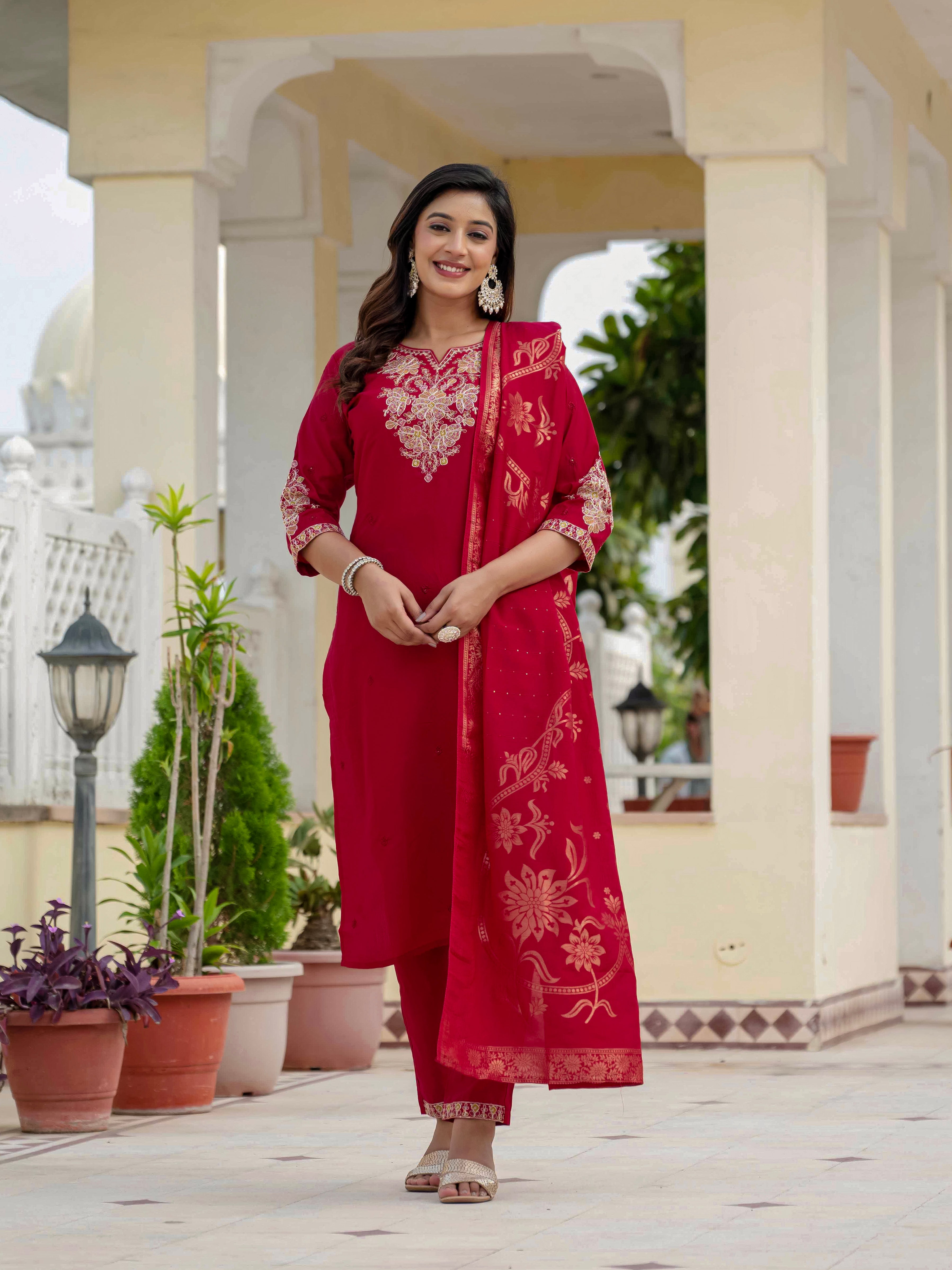 Luxury Roman Silk Embroidered Ethnic Suit Set