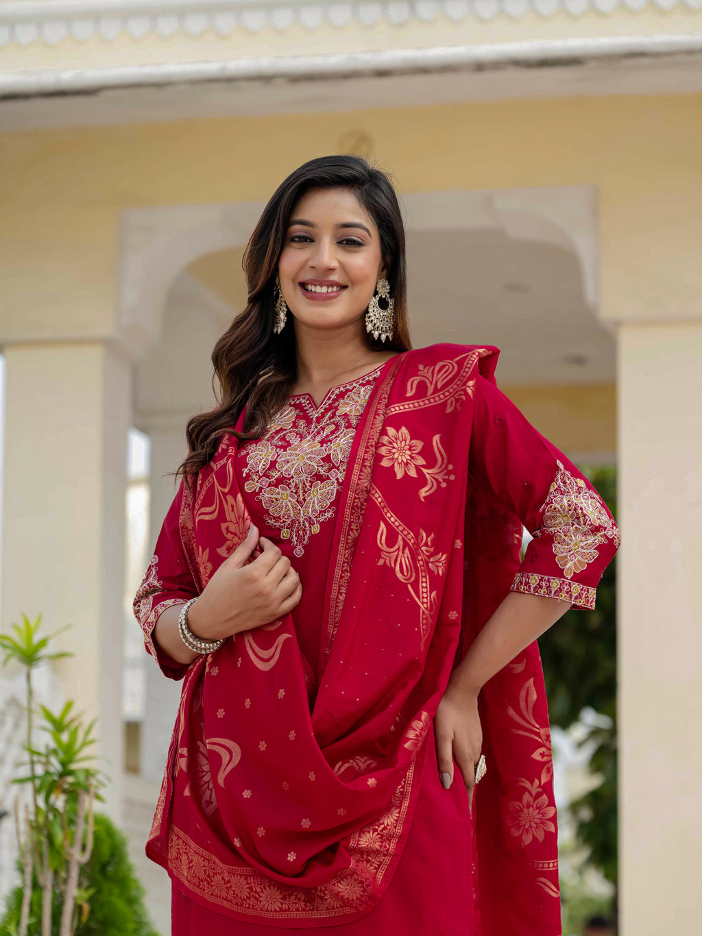 Luxury Roman Silk Embroidered Ethnic Suit Set