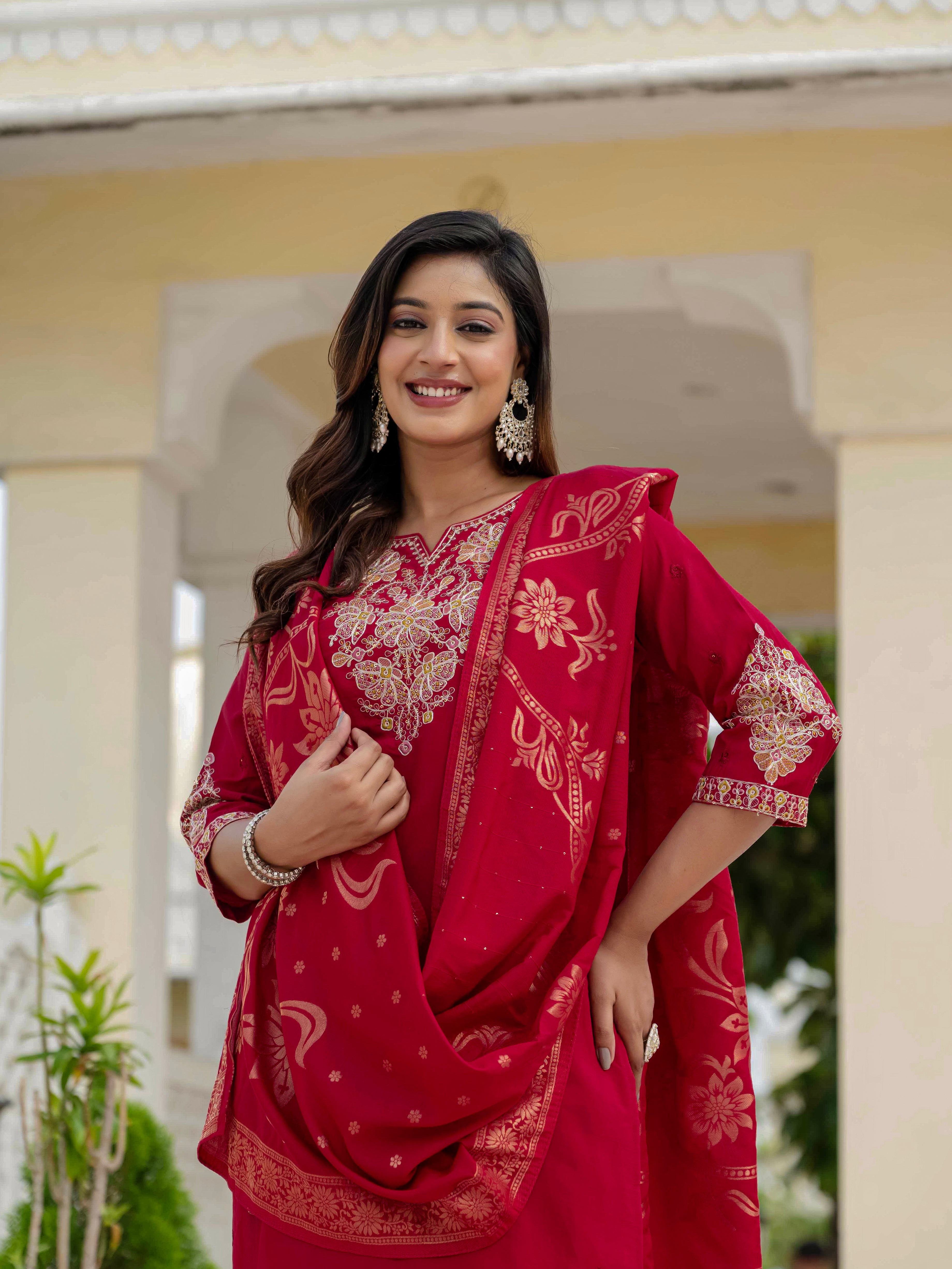 Luxury Roman Silk Embroidered Ethnic Suit Set