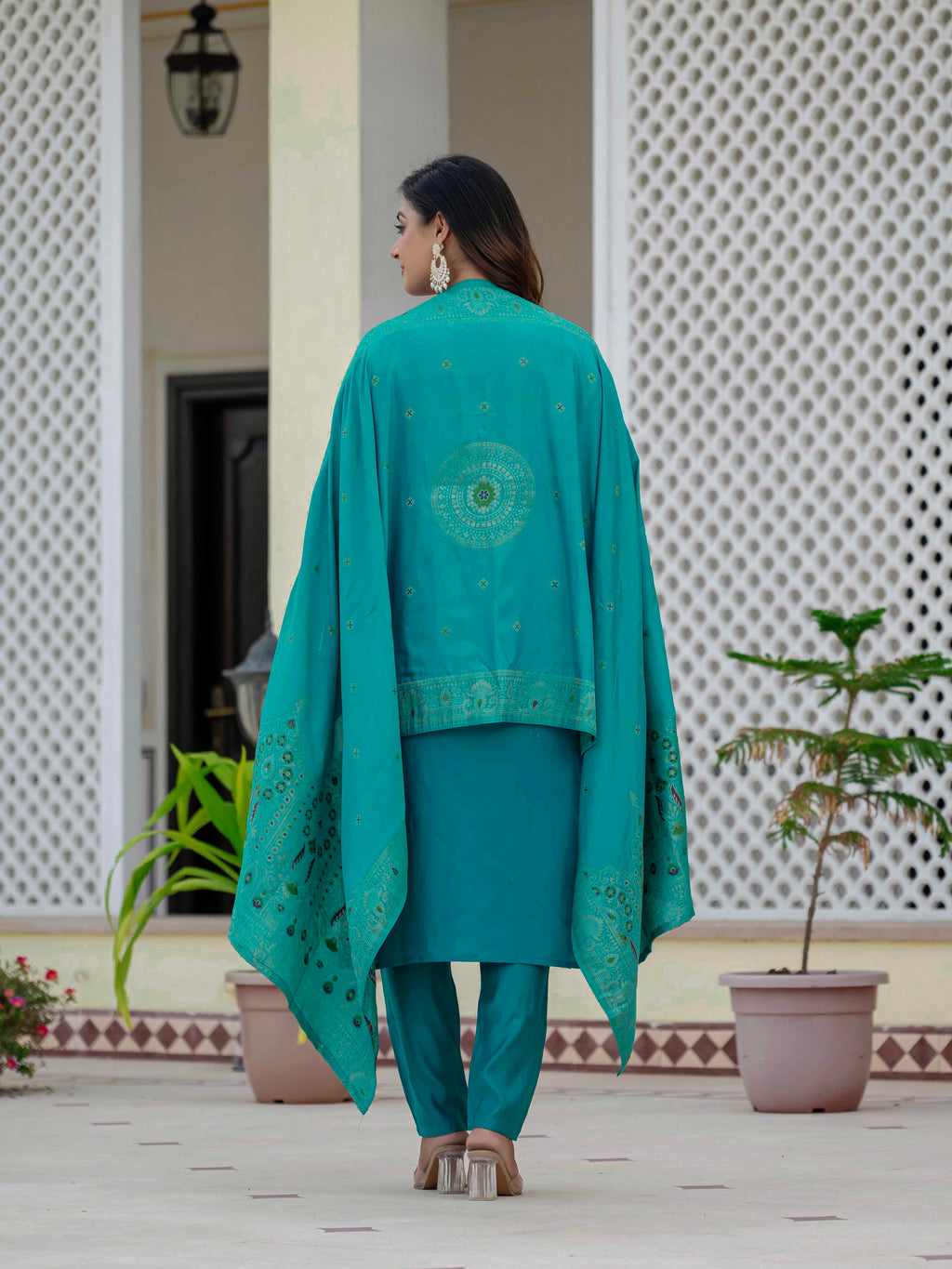 Very Attractive Firozi Premium Roman Silk Suit Set