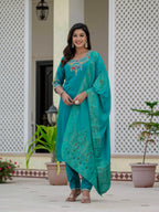 Very Attractive Firozi Premium Roman Silk Suit Set