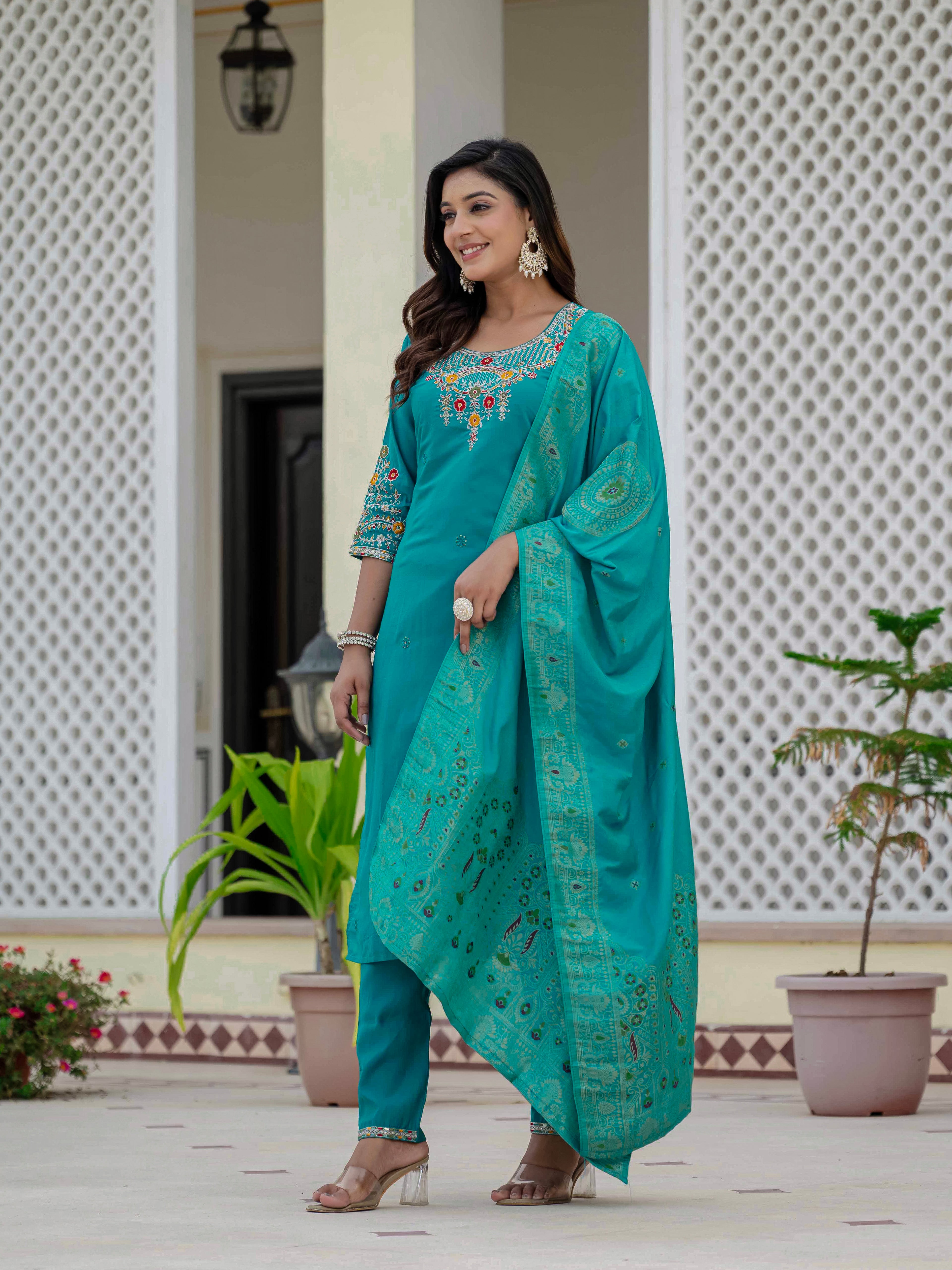 Very Attractive Firozi Premium Roman Silk Suit Set