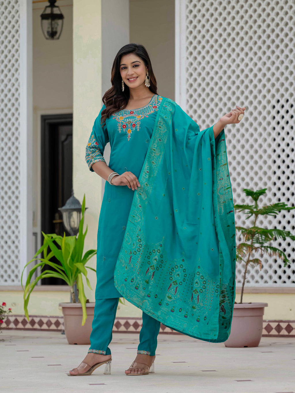 Very Attractive Firozi Premium Roman Silk Suit Set