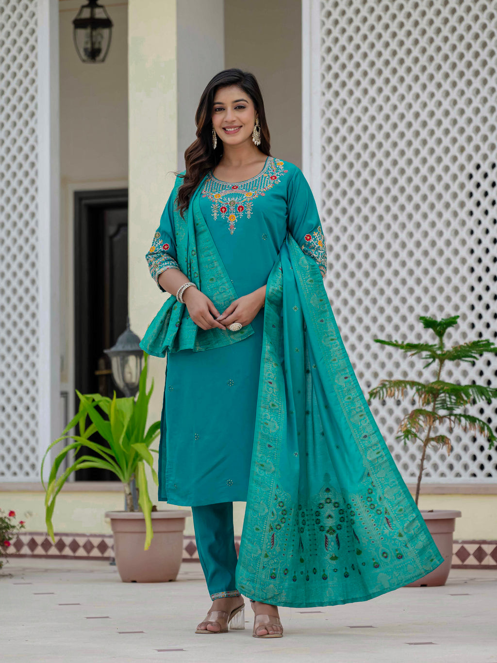 Very Attractive Firozi Premium Roman Silk Suit Set