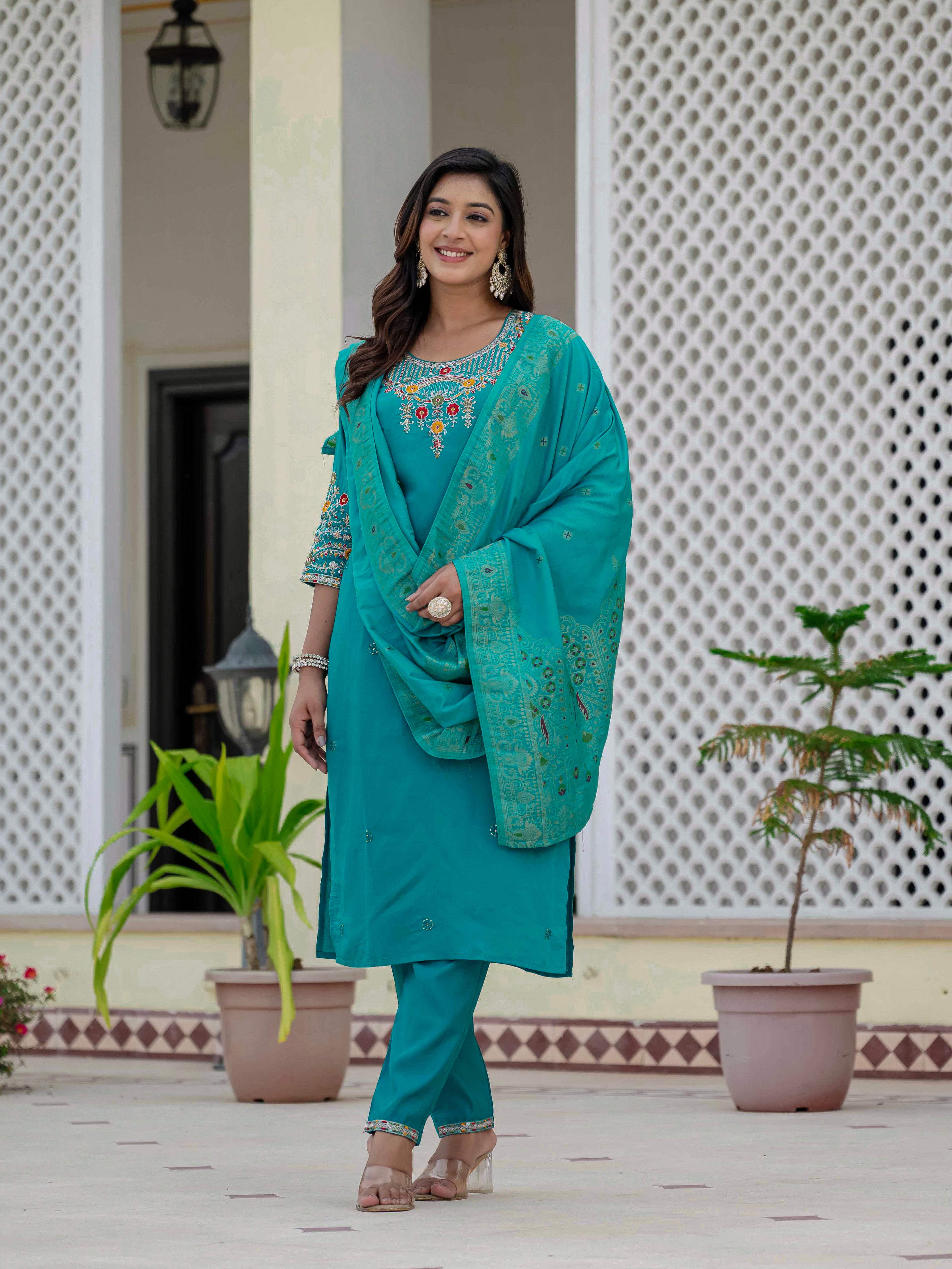 Very Attractive Firozi Premium Roman Silk Suit Set