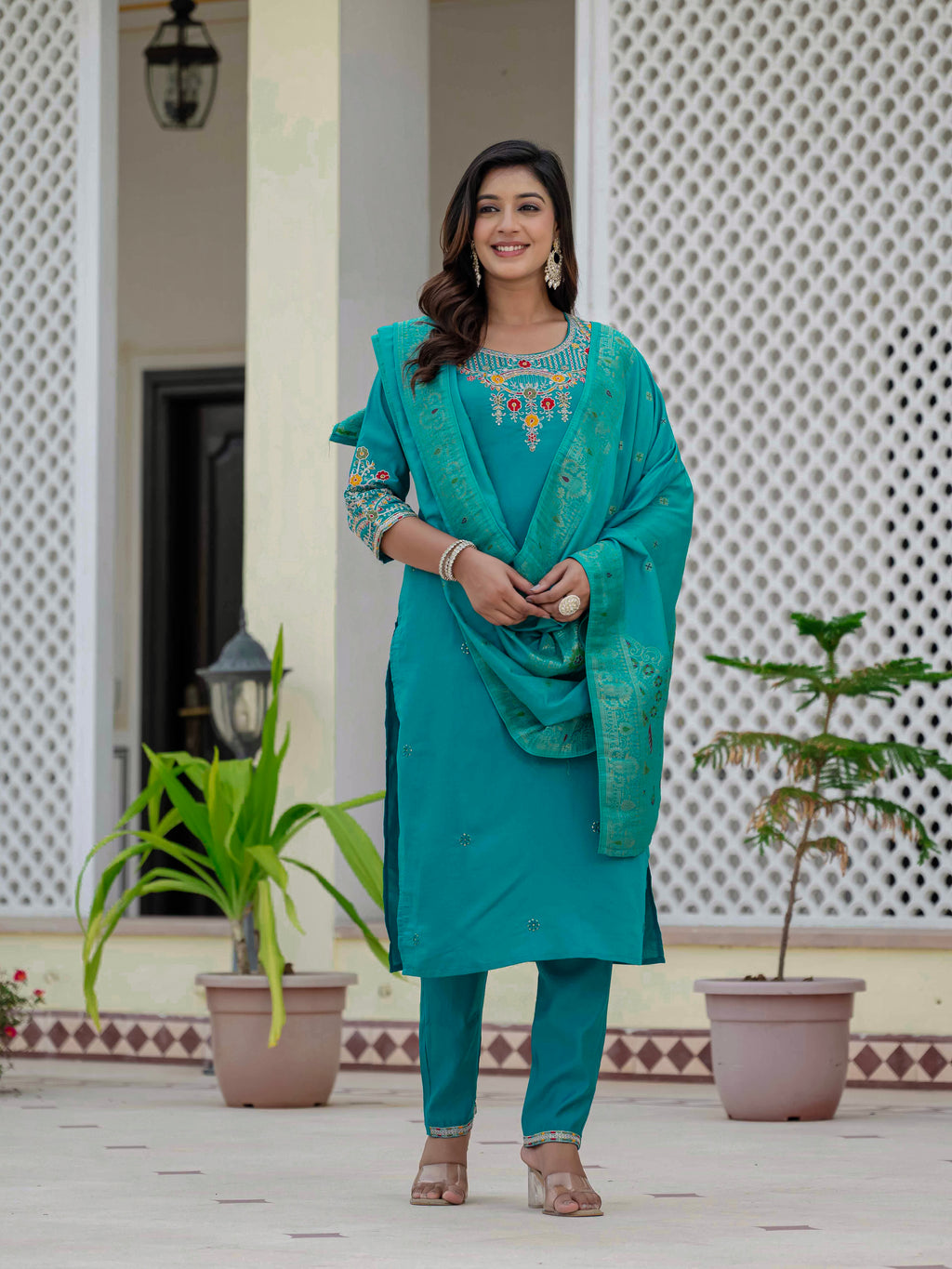 Very Attractive Firozi Premium Roman Silk Suit Set