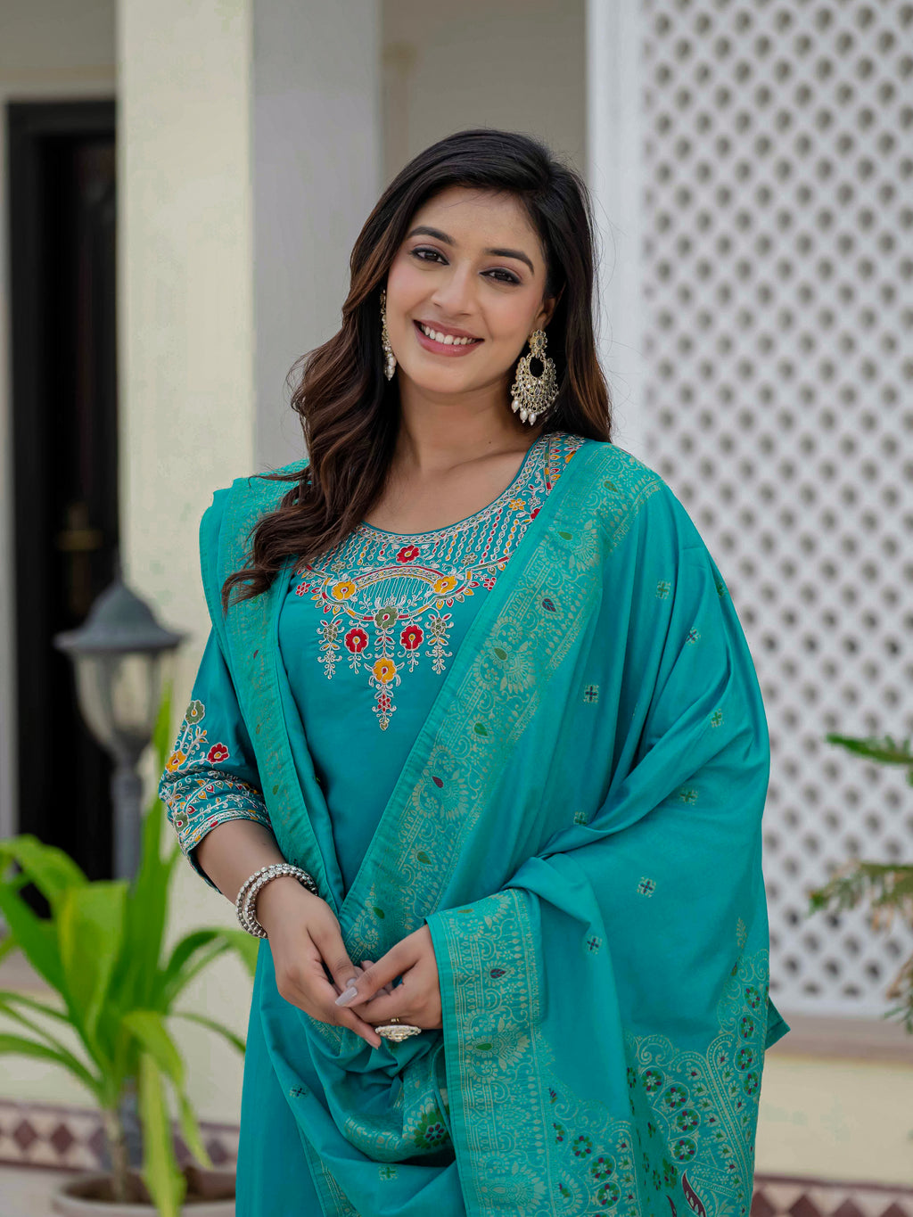 Very Attractive Firozi Premium Roman Silk Suit Set