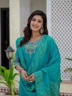 Very Attractive Firozi Premium Roman Silk Suit Set