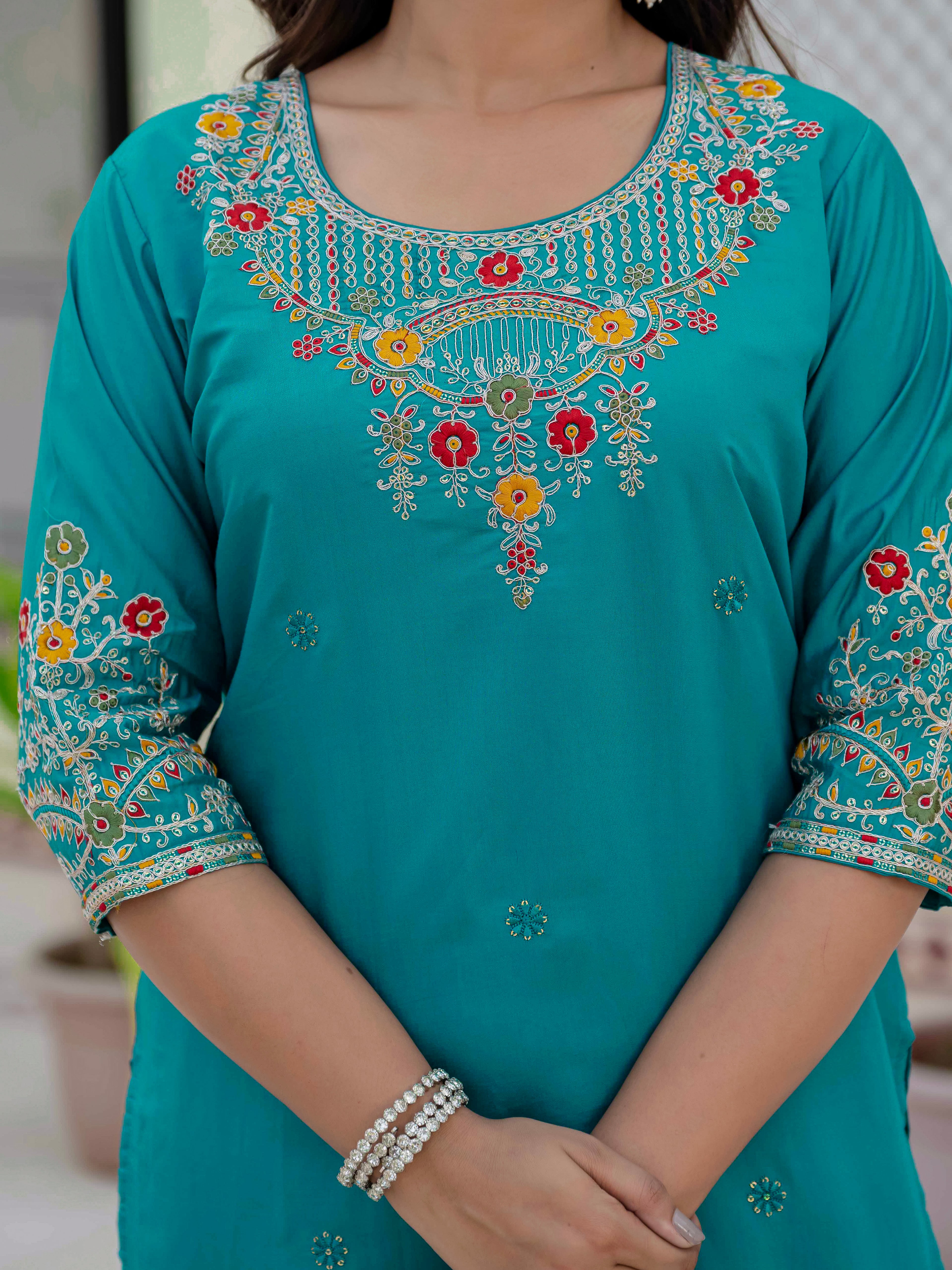 Very Attractive Firozi Premium Roman Silk Suit Set