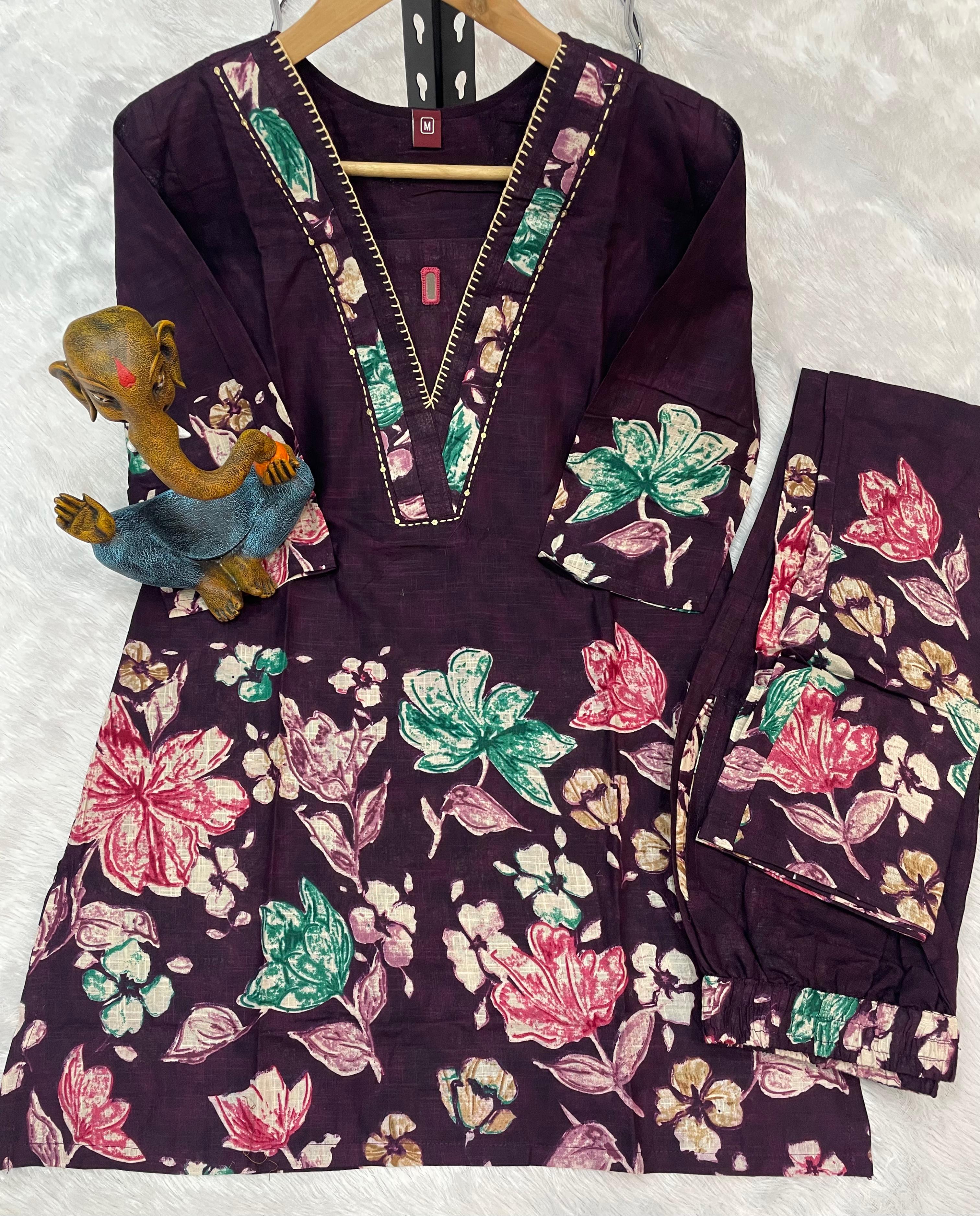 Elegant Purple Pure Cotton Floral Co-ords Set