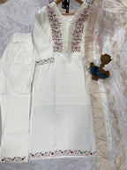 Off White Roman Silk Embroidered Kurti Pant Dupatta Set
