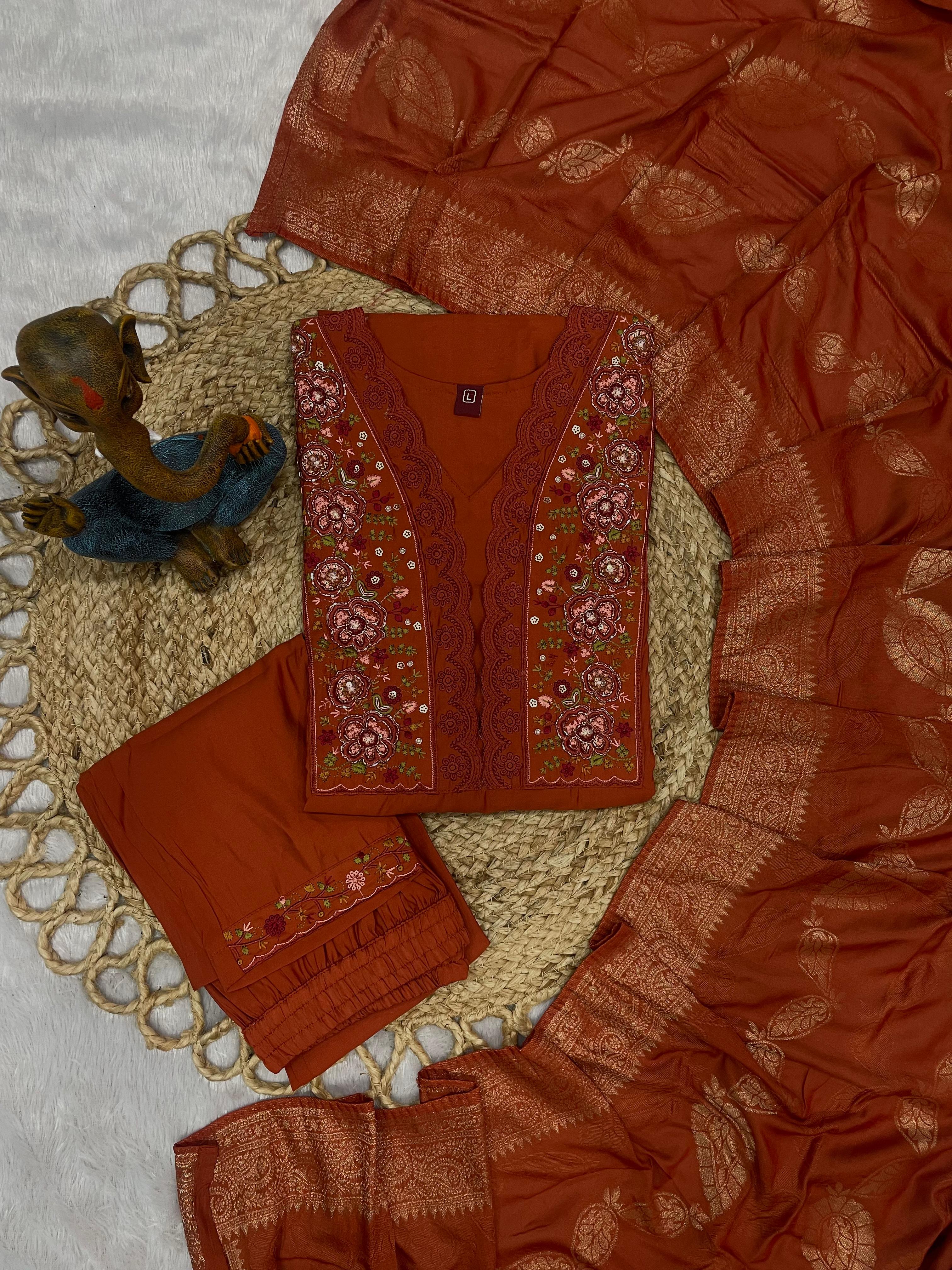 Beautiful Orange Roman Silk Embroidered Kurti Pant Dupatta Set