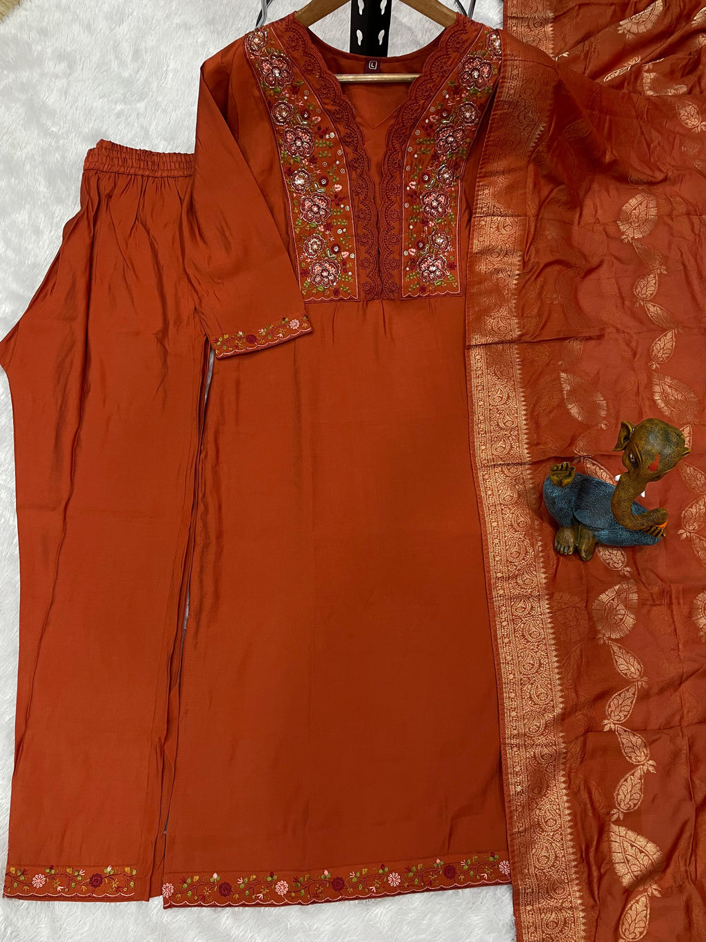 Beautiful Orange Roman Silk Embroidered Kurti Pant Dupatta Set
