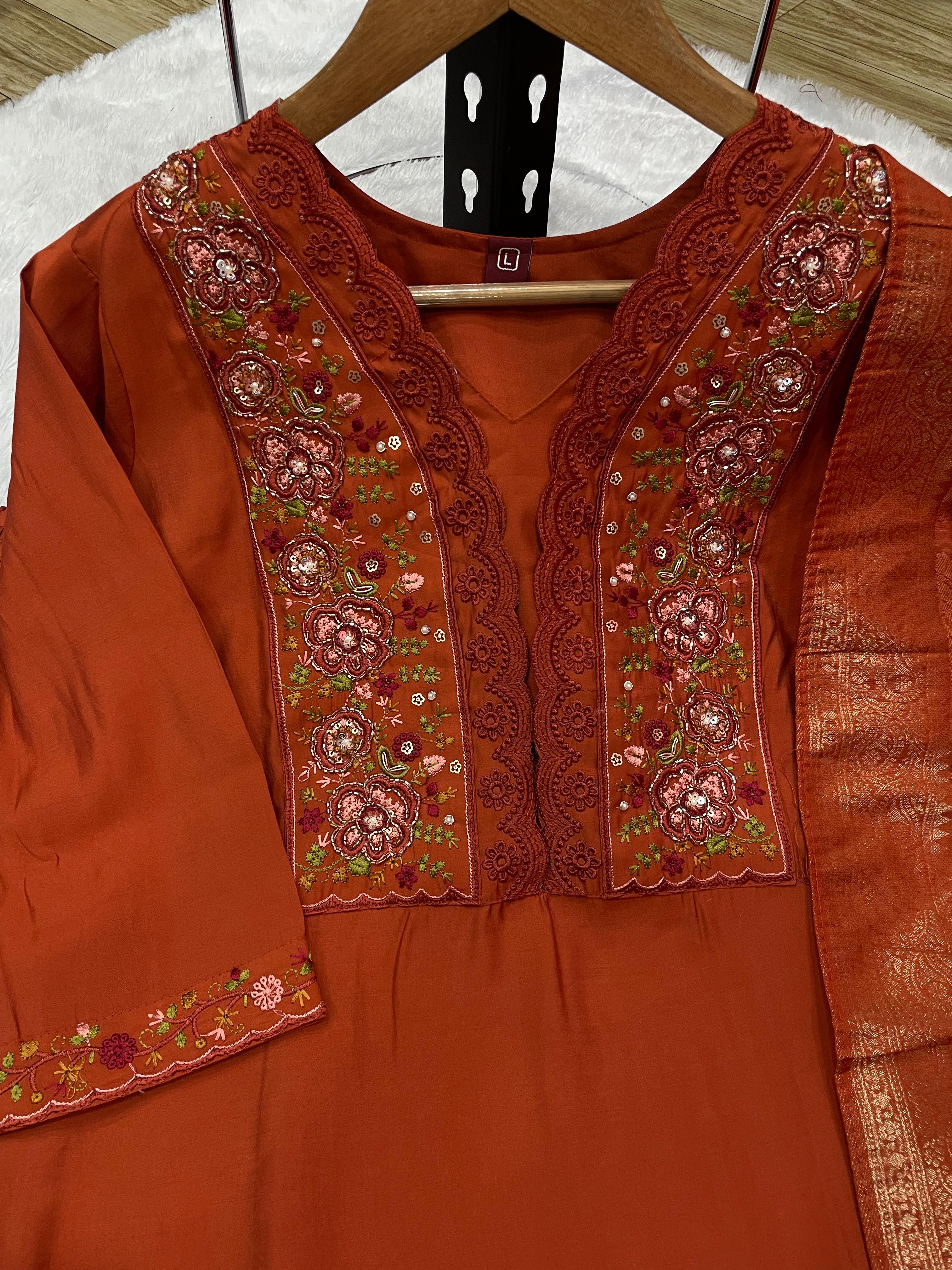 Beautiful Orange Roman Silk Embroidered Kurti Pant Dupatta Set