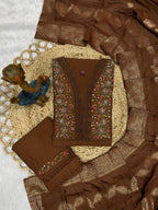 Premium Brown Roman Silk Embroidered Kurti Pant Dupatta Set