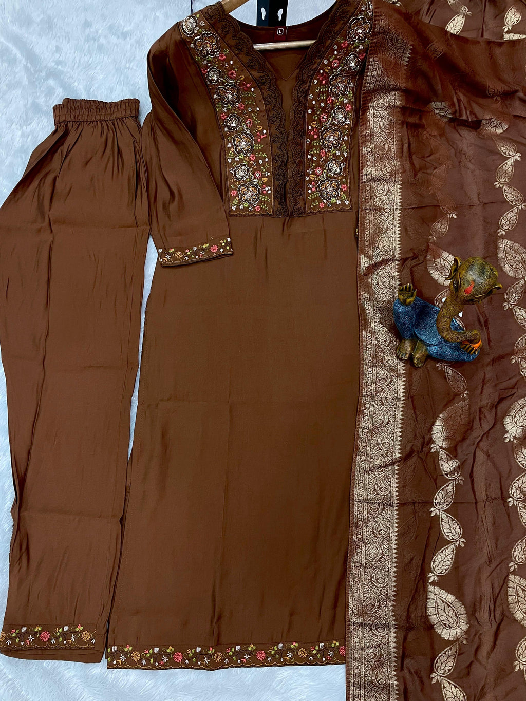 Premium Brown Roman Silk Embroidered Kurti Pant Dupatta Set