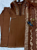 Premium Brown Roman Silk Embroidered Kurti Pant Dupatta Set