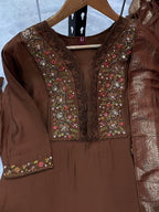 Premium Brown Roman Silk Embroidered Kurti Pant Dupatta Set