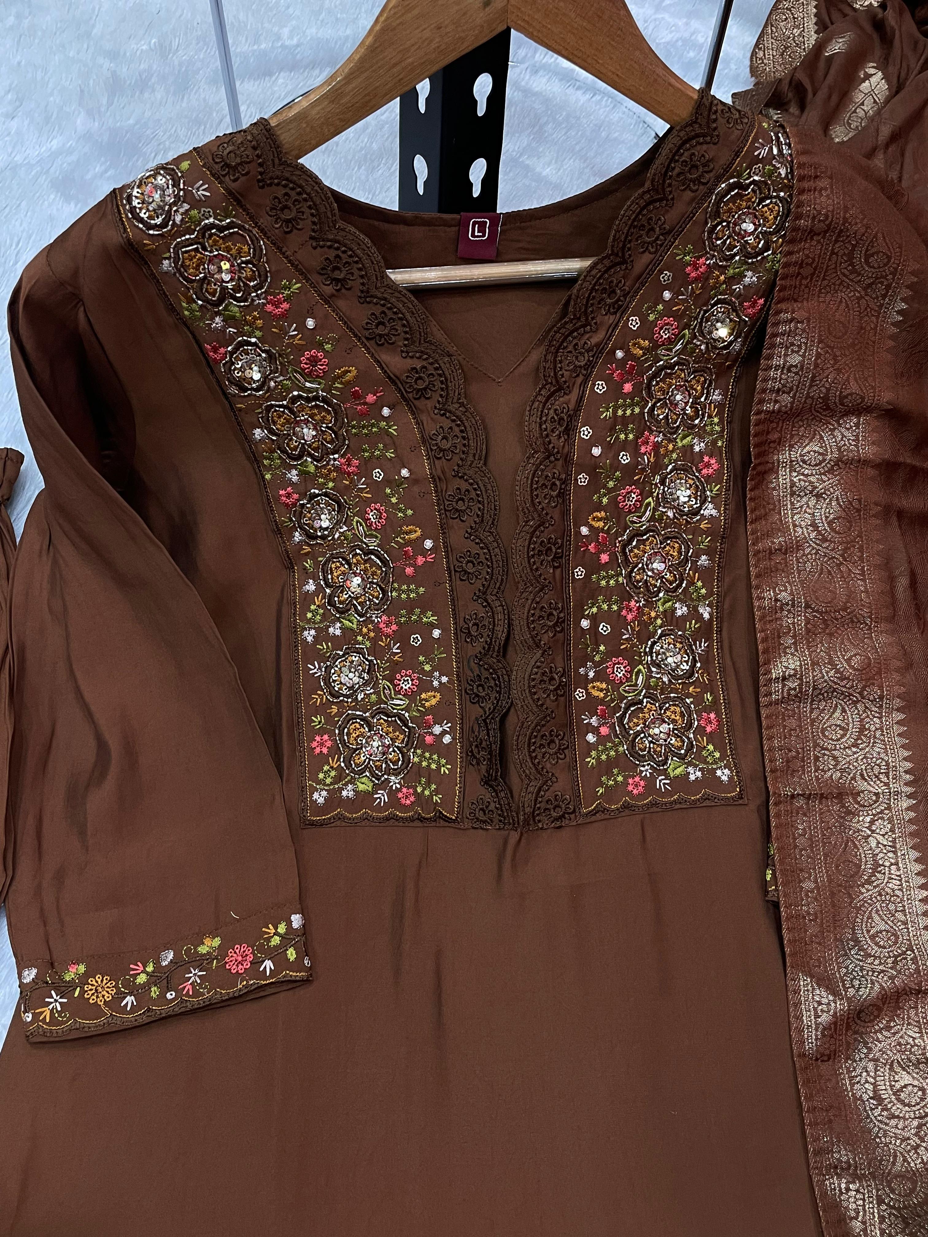 Premium Brown Roman Silk Embroidered Kurti Pant Dupatta Set