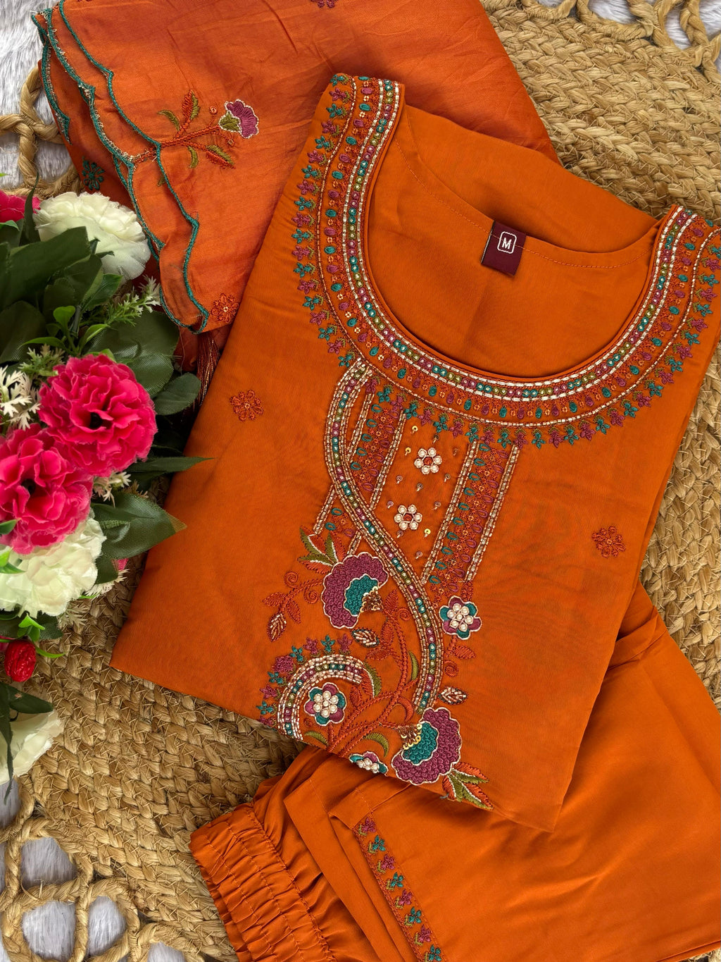 Designer Roman Silk Ethnic Suit Set with Embroidered Dupatta
