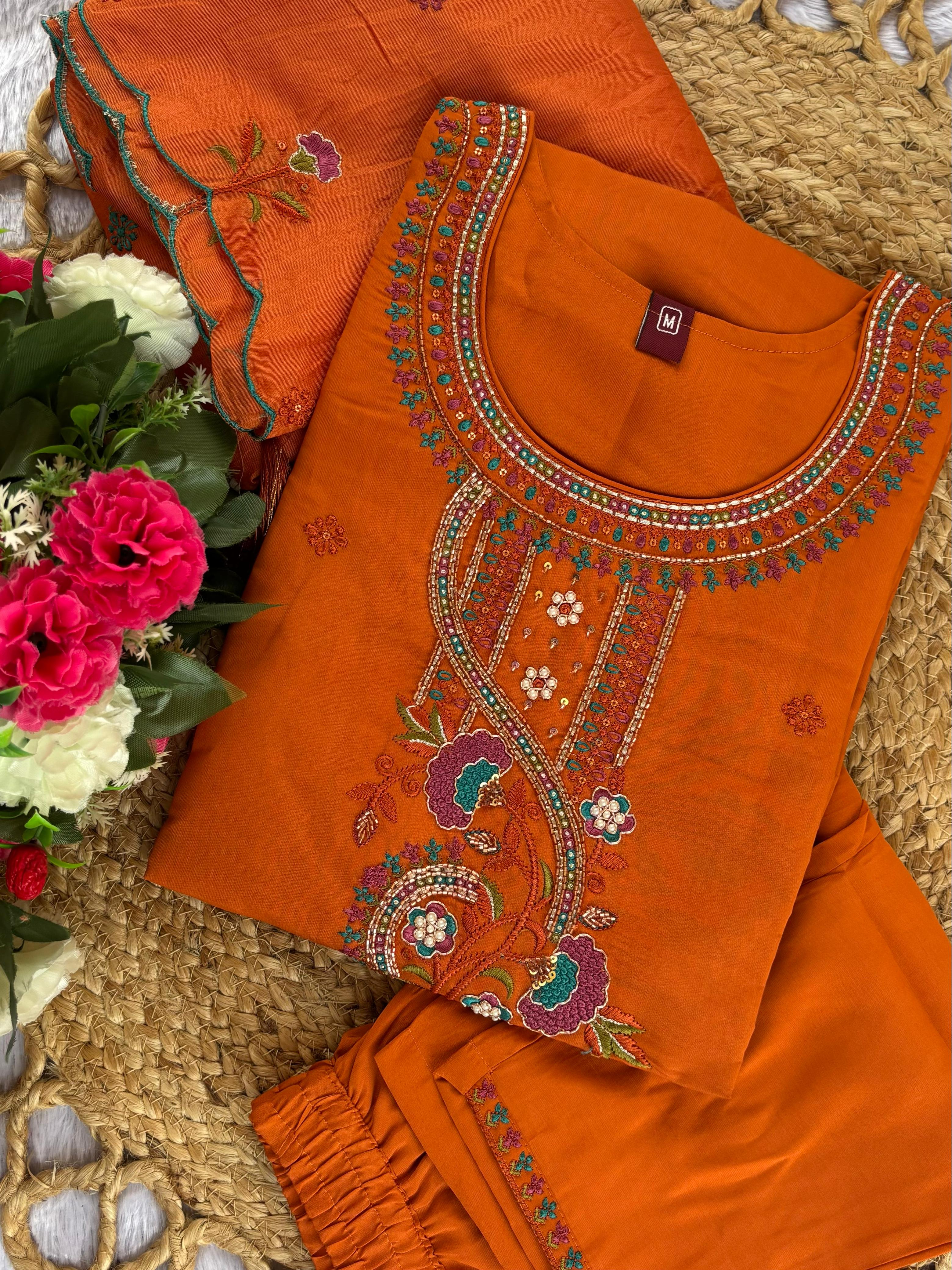Designer Roman Silk Ethnic Suit Set with Embroidered Dupatta