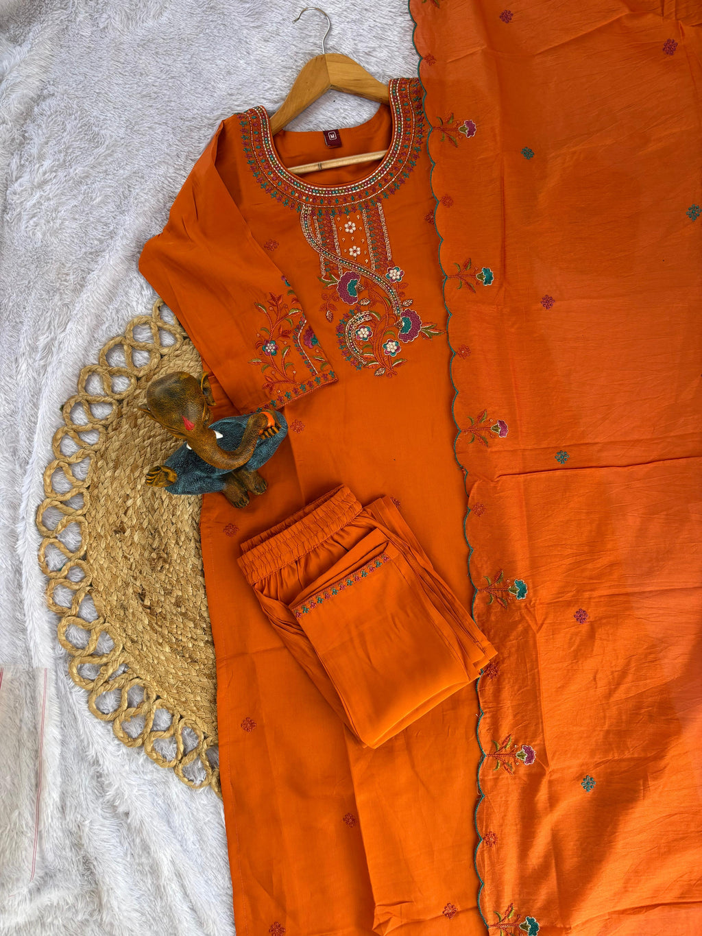 Designer Roman Silk Ethnic Suit Set with Embroidered Dupatta