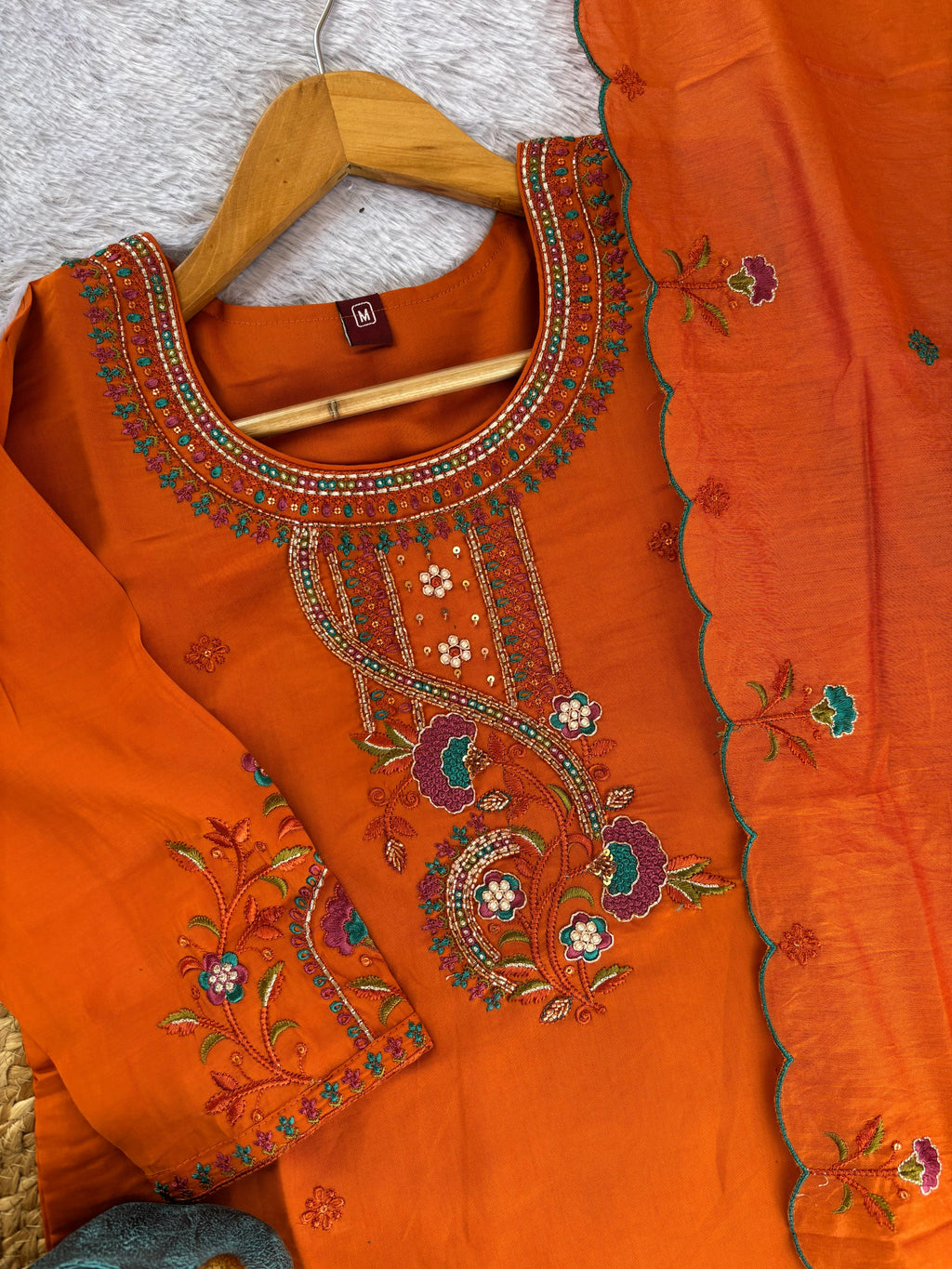 Designer Roman Silk Ethnic Suit Set with Embroidered Dupatta