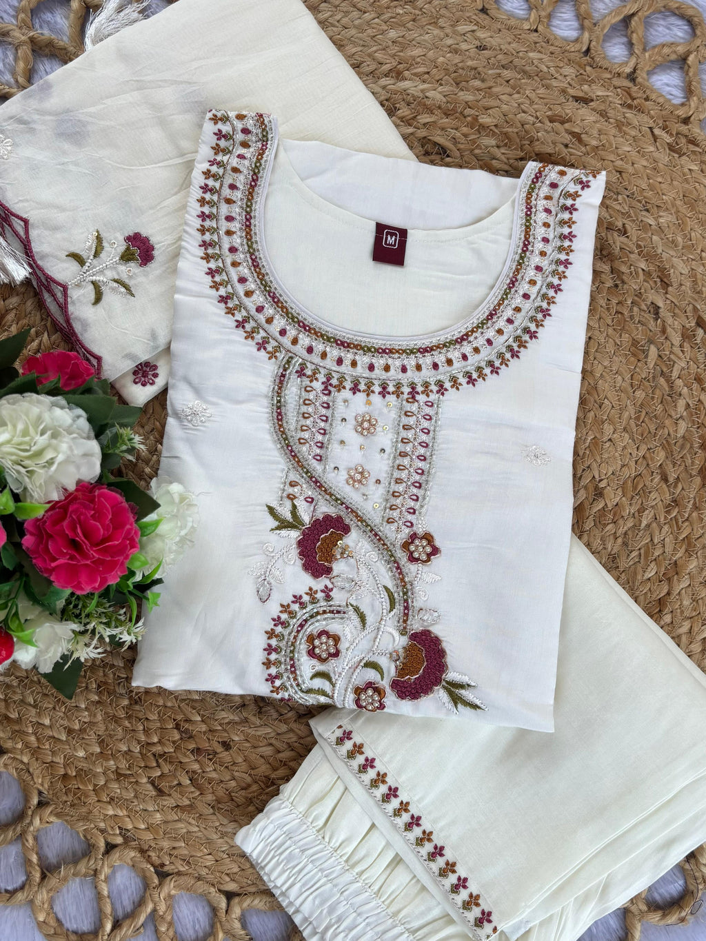 Luxury Roman Silk Floral Embroidered Dress with Dupatta
