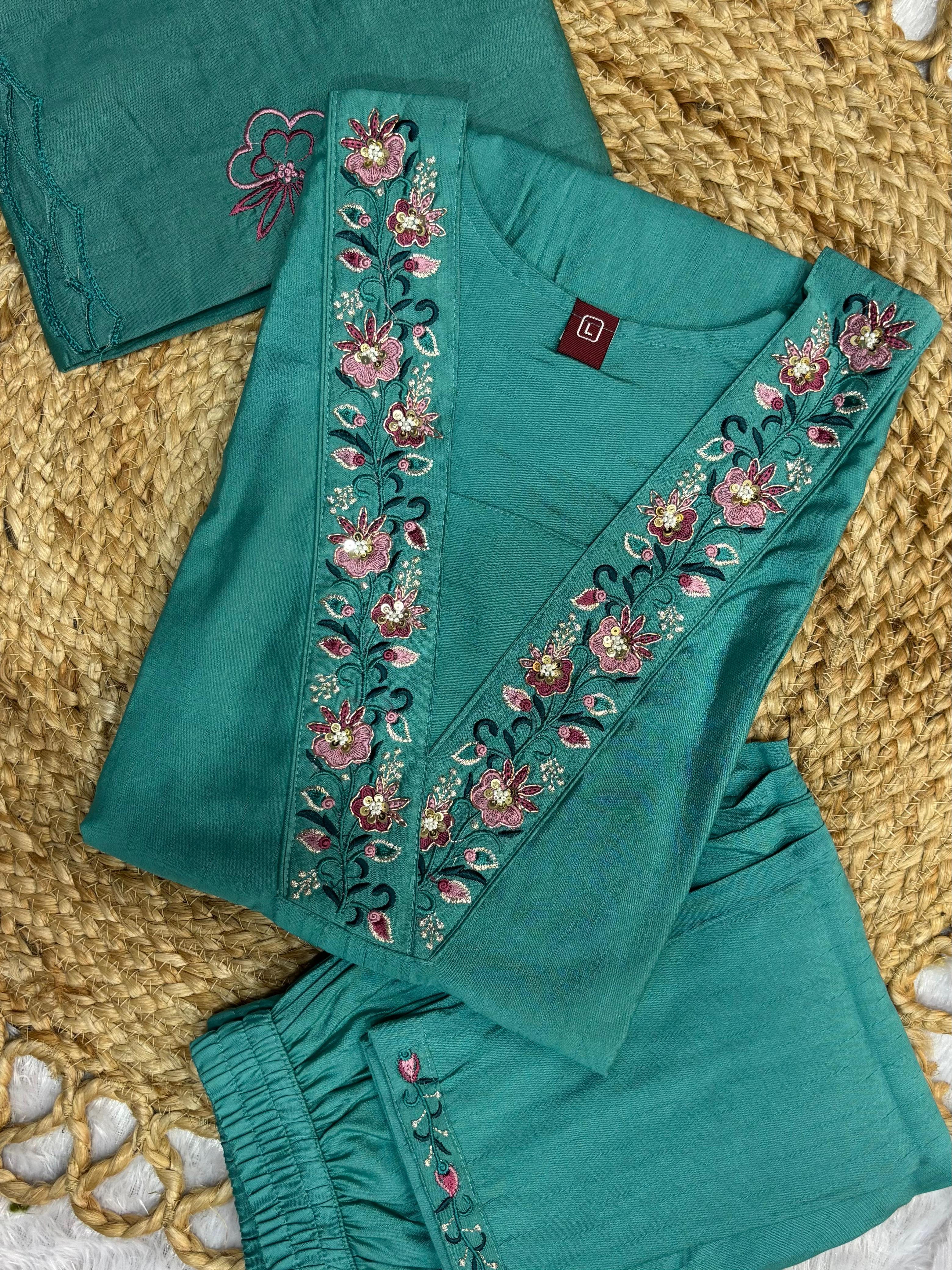 Attractive Sea Green Embroidered Viscose Marina Silk Suit Set